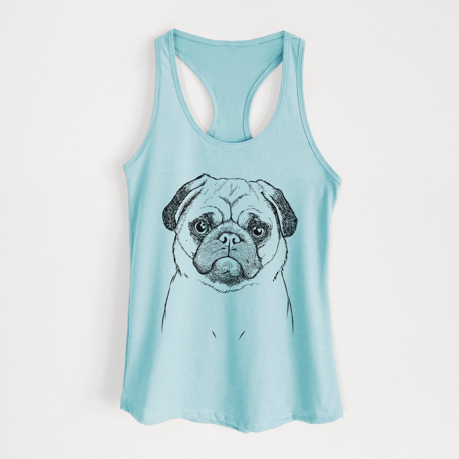 Hand-drawn sketch of Ruby the Pug on a Cancun Blue Women's racerback tanktop