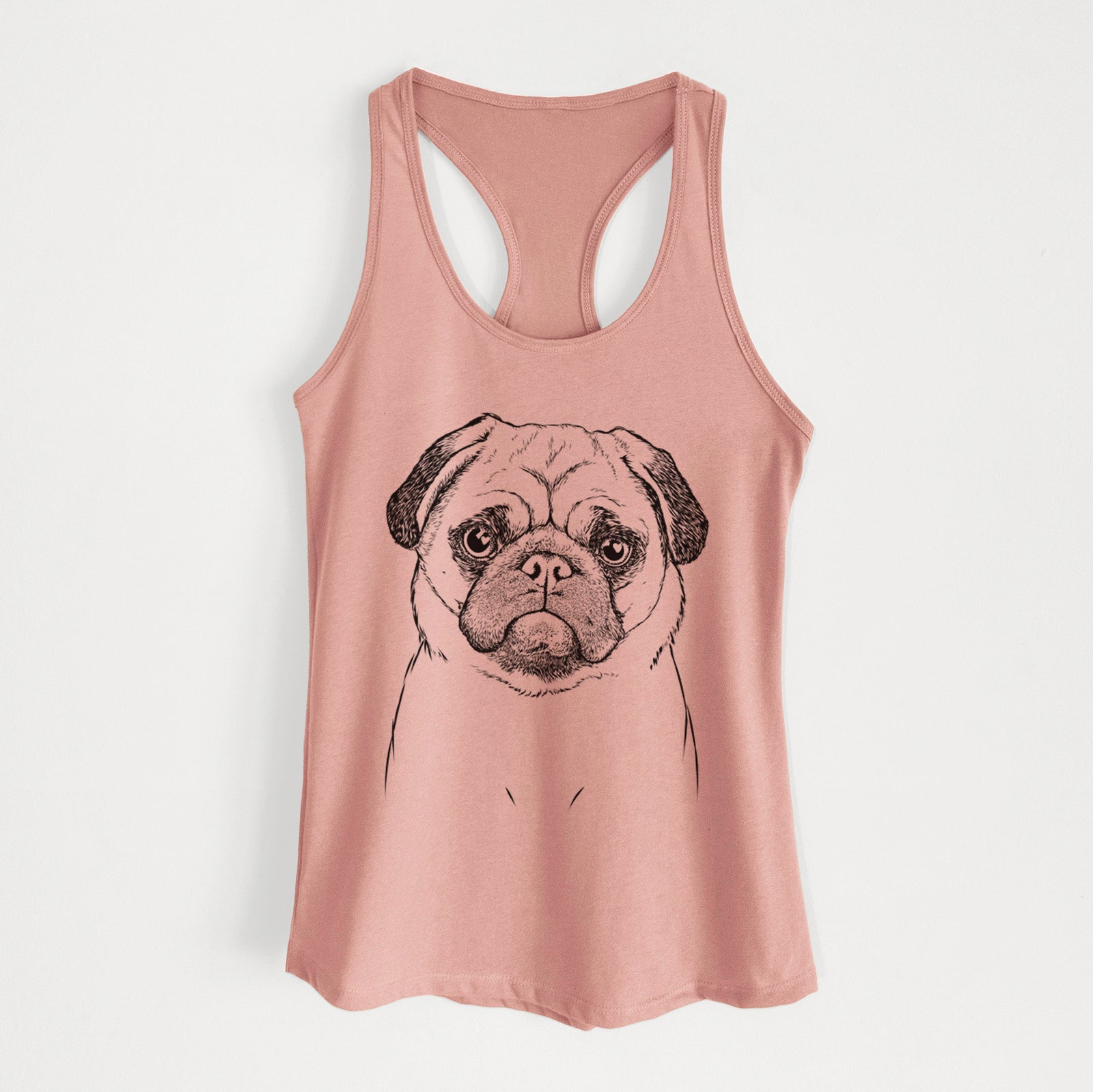 Hand-drawn sketch of Ruby the Pug on a Desert Pink Women's racerback tanktop