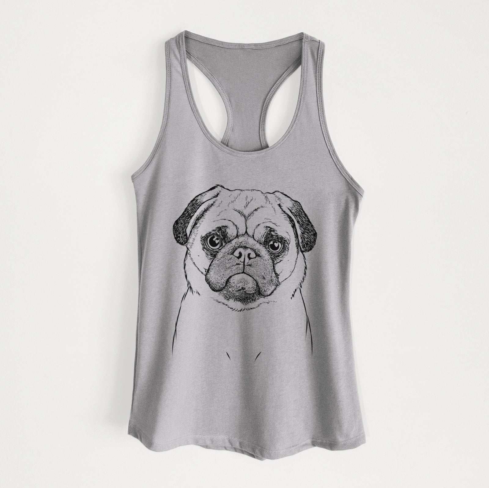 Hand-drawn sketch of Ruby the Pug on a Heather Grey Women's racerback tanktop