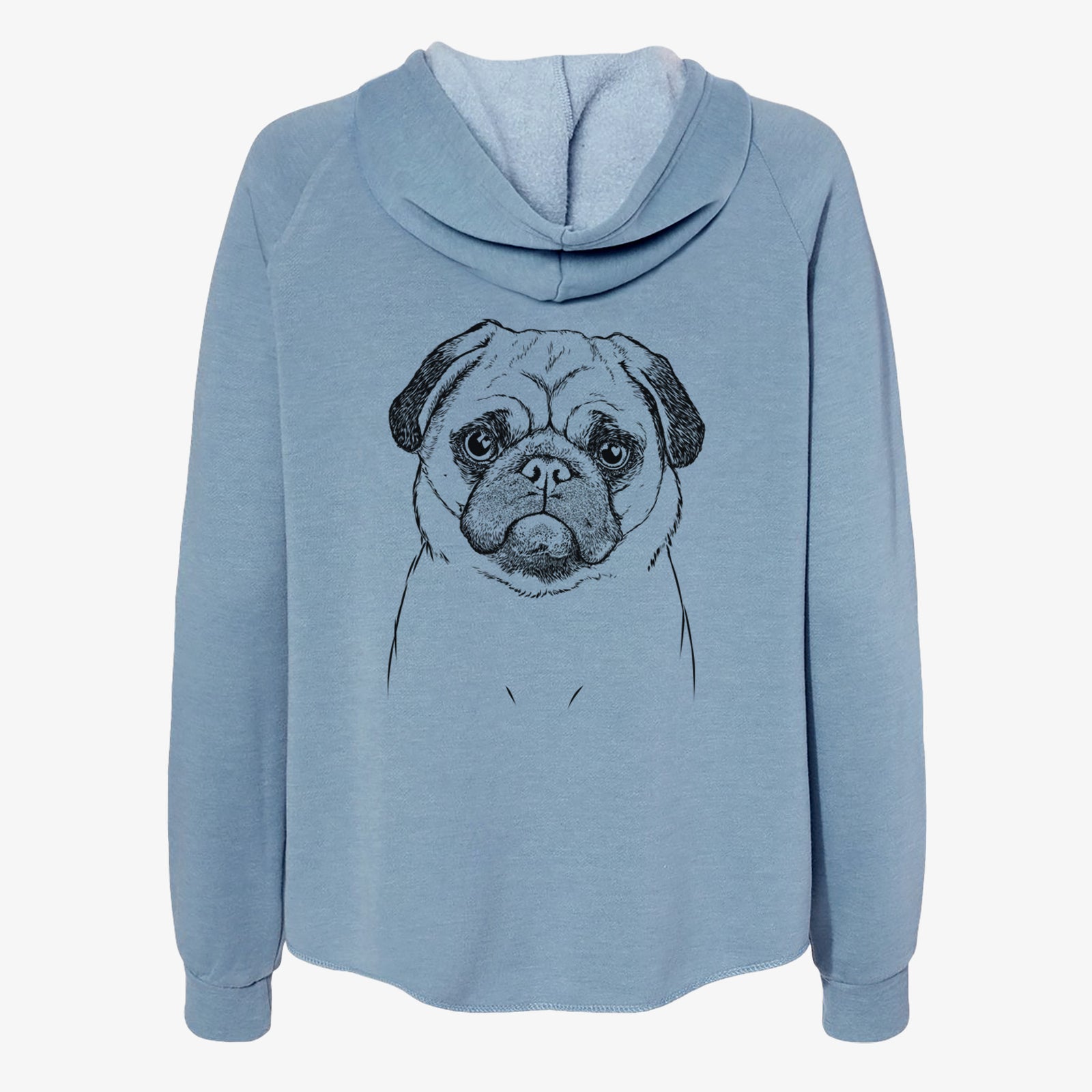 Hand-drawn sketch of Ruby the Pug on a Misty Blue Women's cali wave zip-up sweatshirt