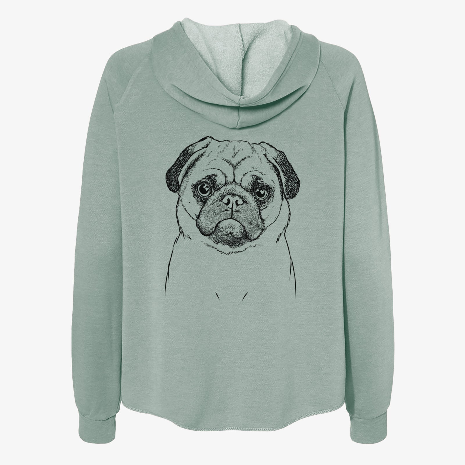 Hand-drawn sketch of Ruby the Pug on a Sage Women's cali wave zip-up sweatshirt
