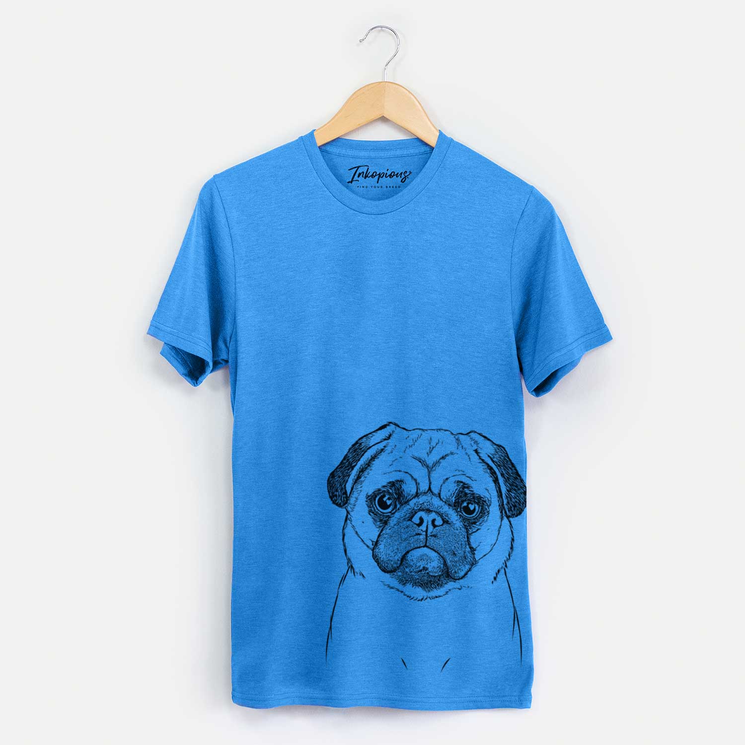 Hand-drawn sketch of Ruby the Pug on a Blue Unisex crewneck