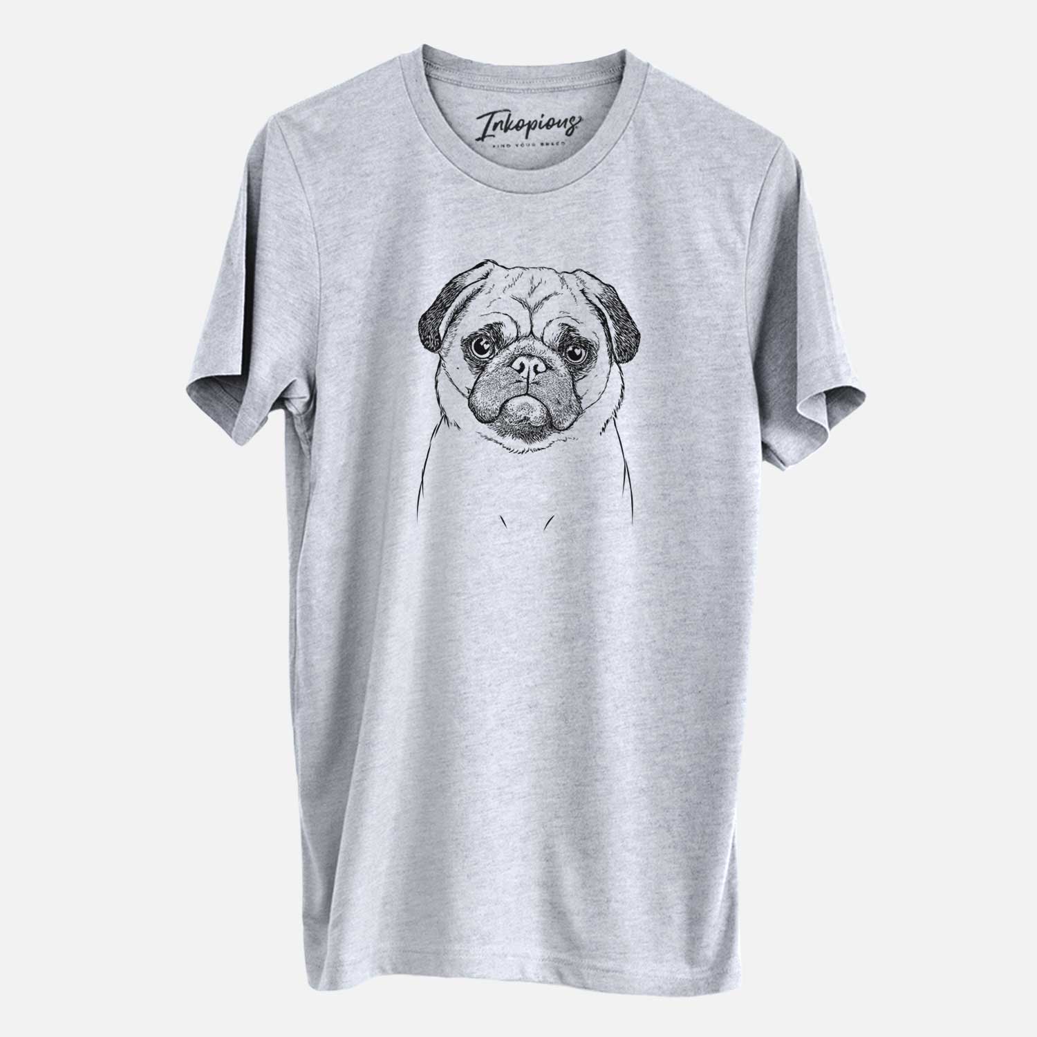 Hand-drawn sketch of Ruby the Pug on a Grey Unisex crewneck