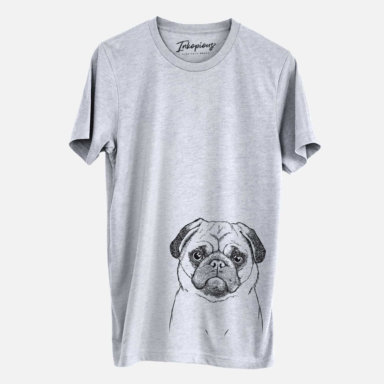 Hand-drawn sketch of Ruby the Pug on a Grey Unisex crewneck