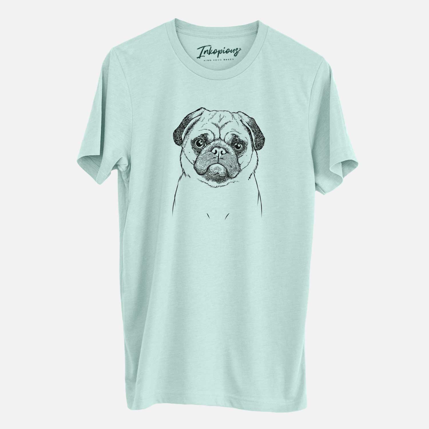 Hand-drawn sketch of Ruby the Pug on a Heather Sage Unisex crewneck