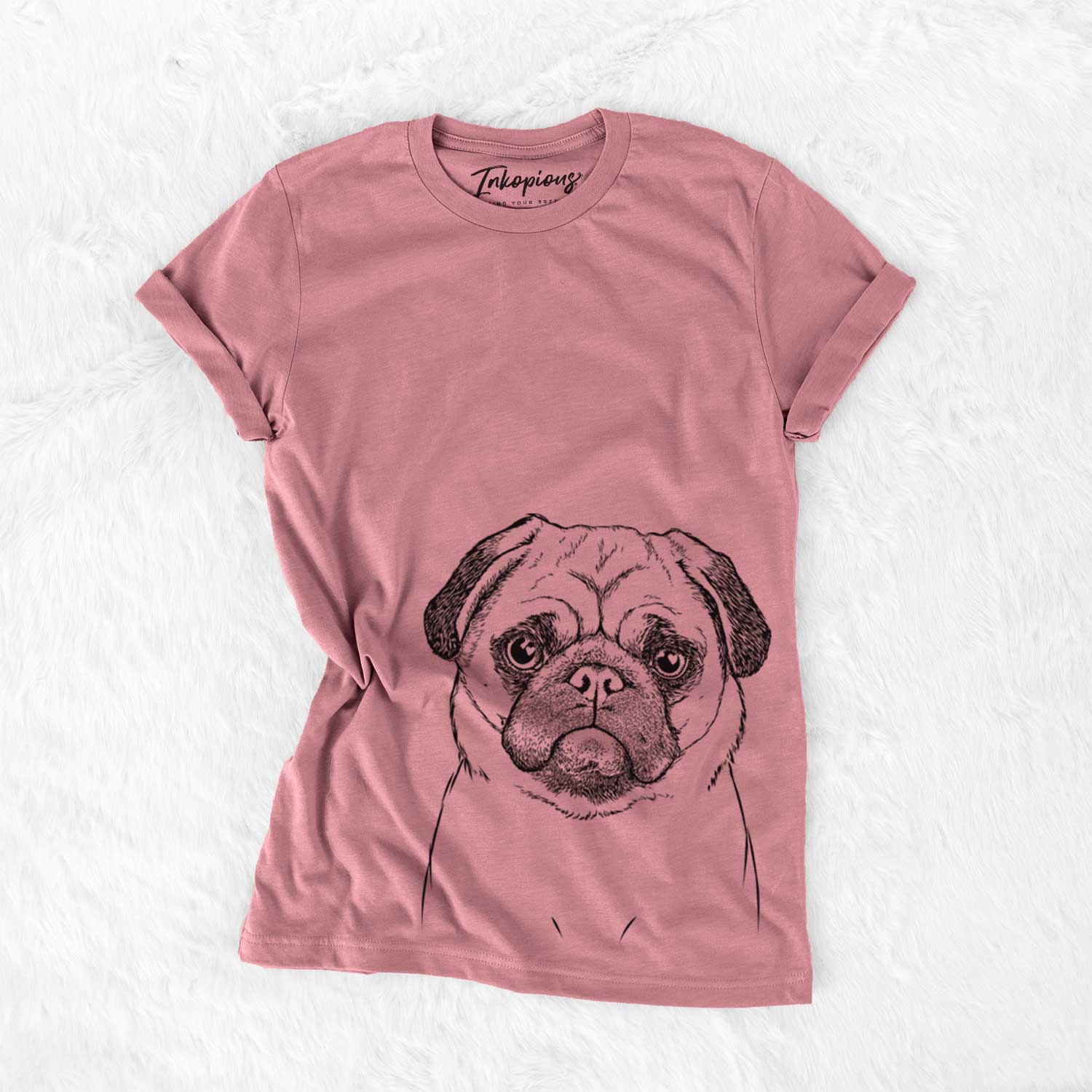 Hand-drawn sketch of Ruby the Pug on a Mauve Unisex crewneck