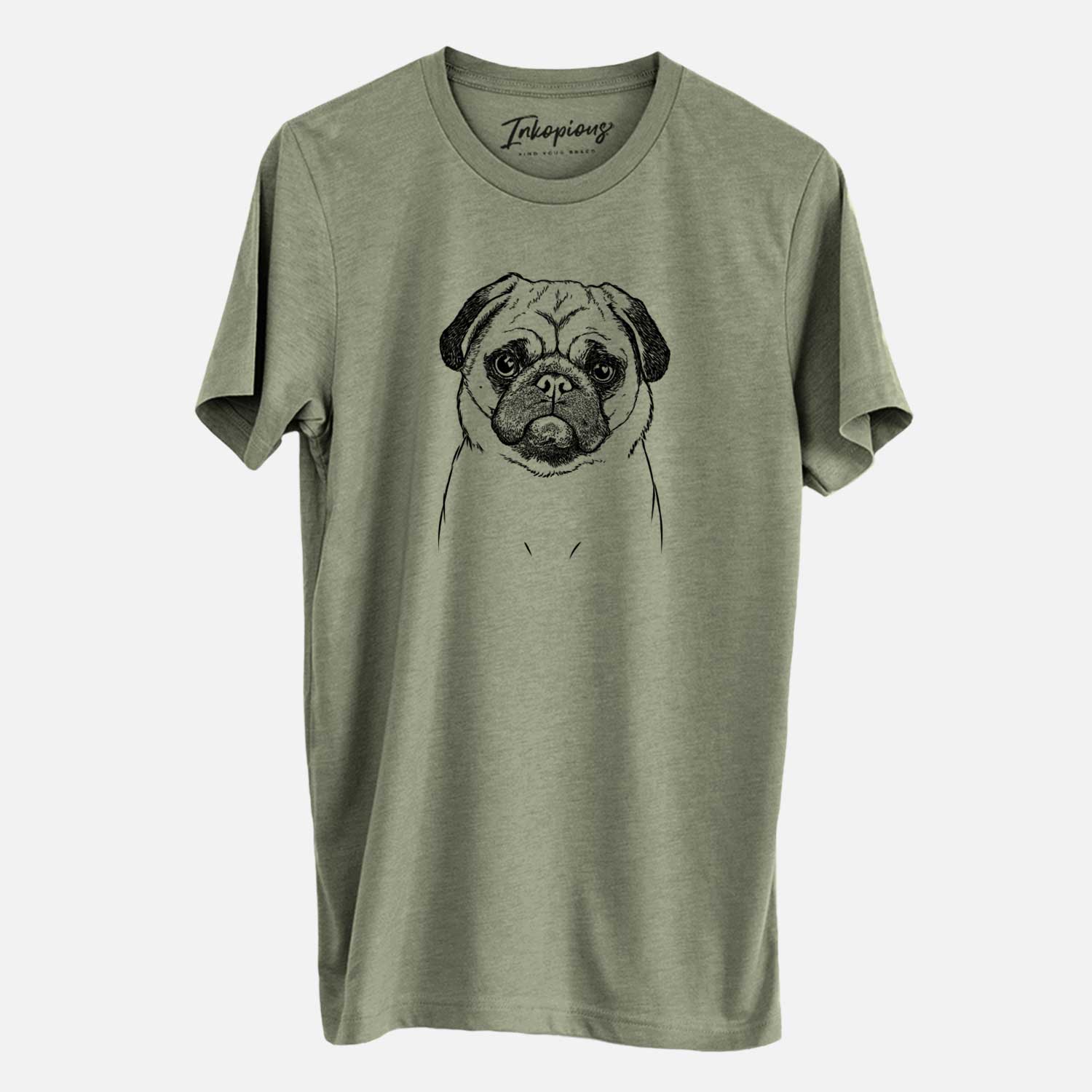 Hand-drawn sketch of Ruby the Pug on an Olive Unisex crewneck