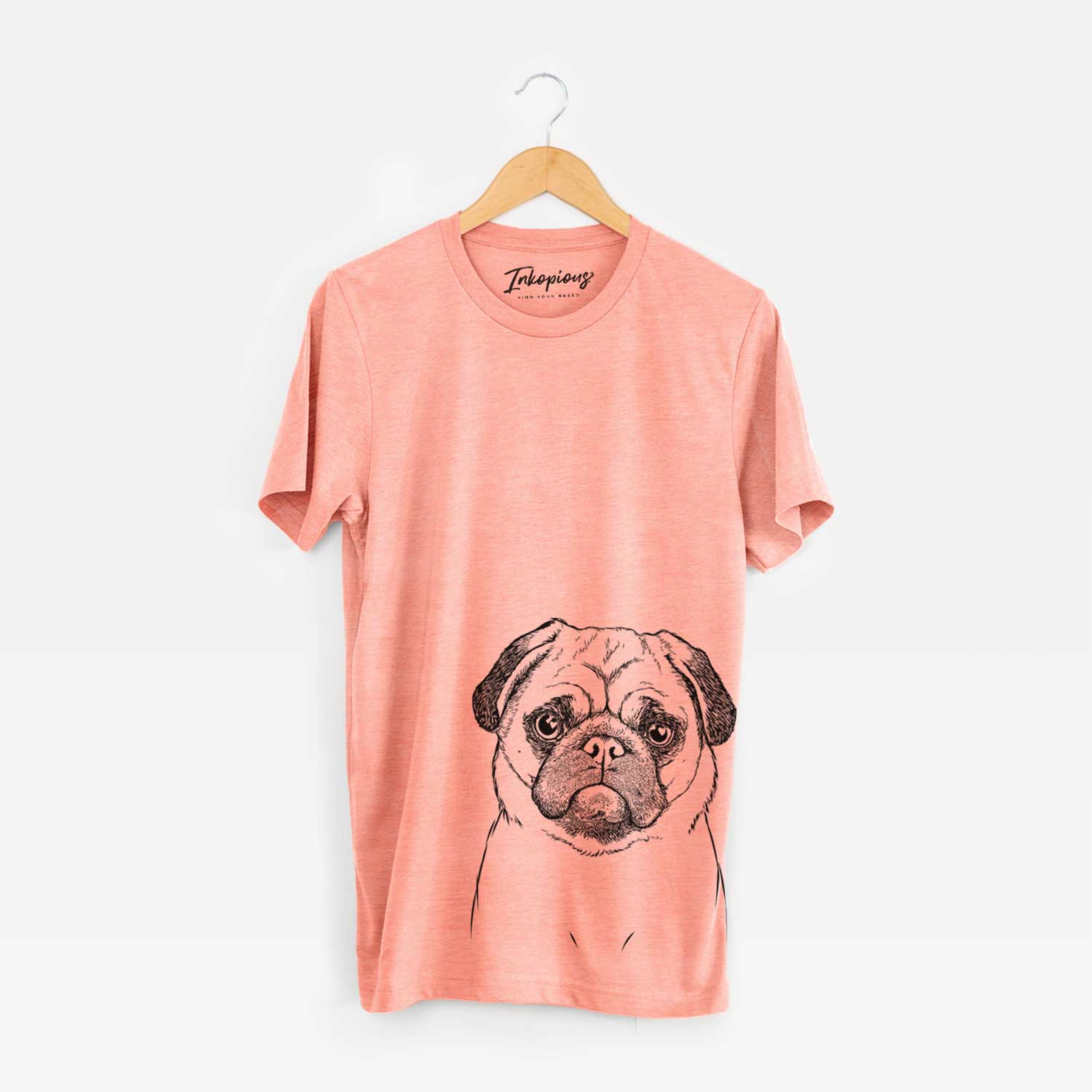 Hand-drawn sketch of Ruby the Pug on a Sunset Unisex crewneck