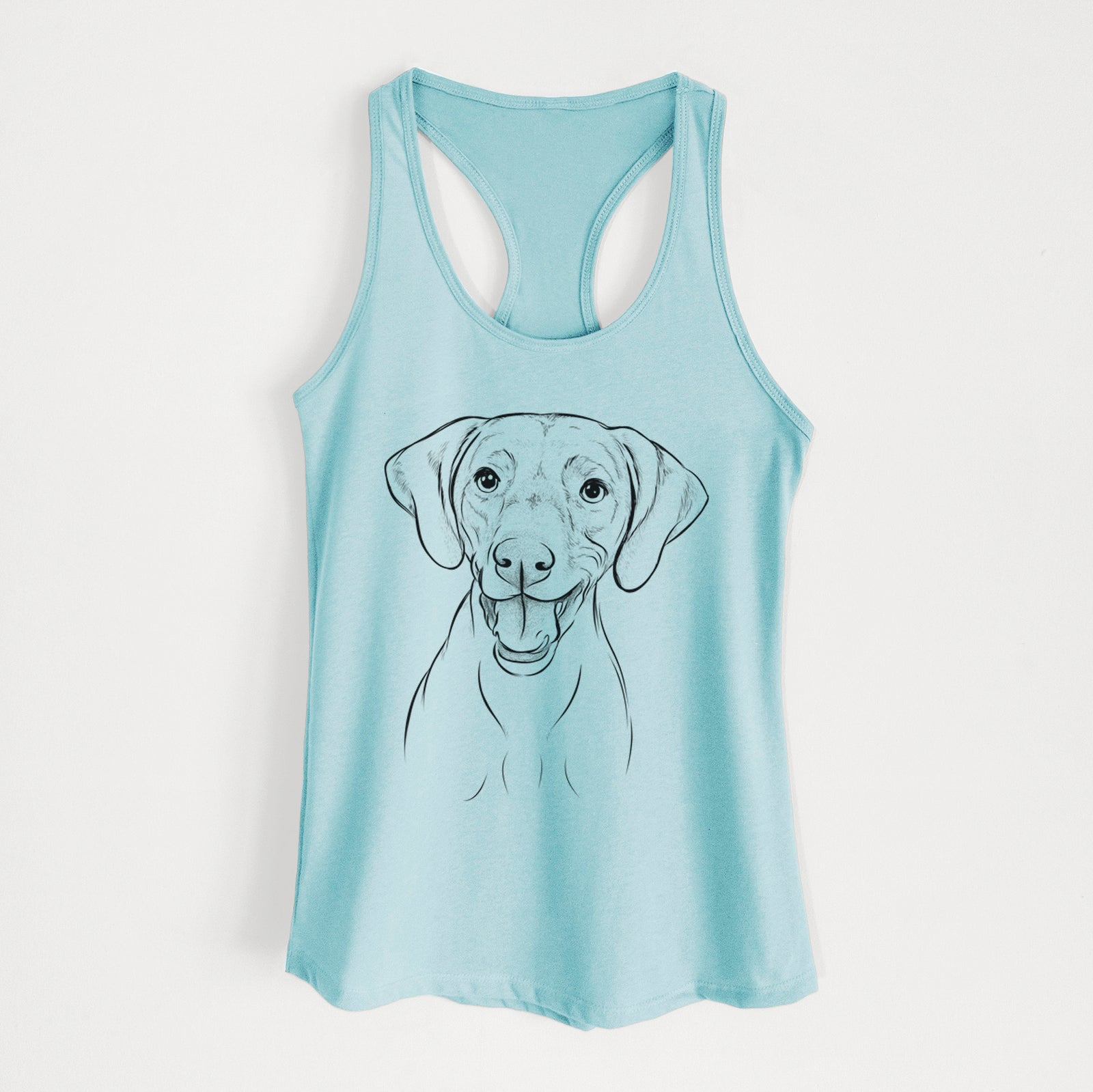 Hand-drawn sketch of Ruby the Vizsla on a Cancun Blue Women's racerback tanktop
