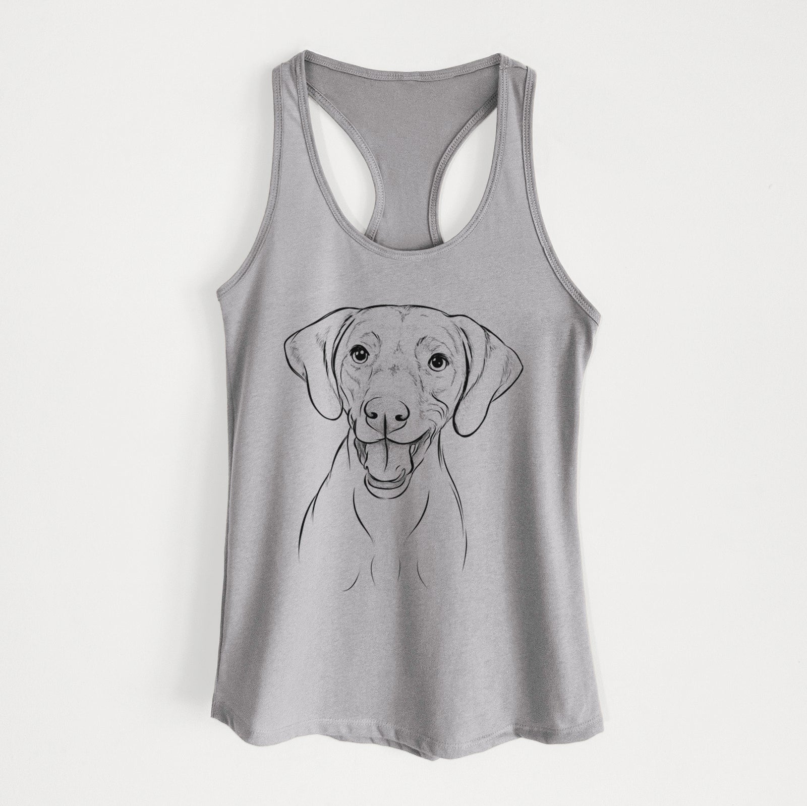 Hand-drawn sketch of Ruby the Vizsla on a Heather Grey Women's racerback tanktop