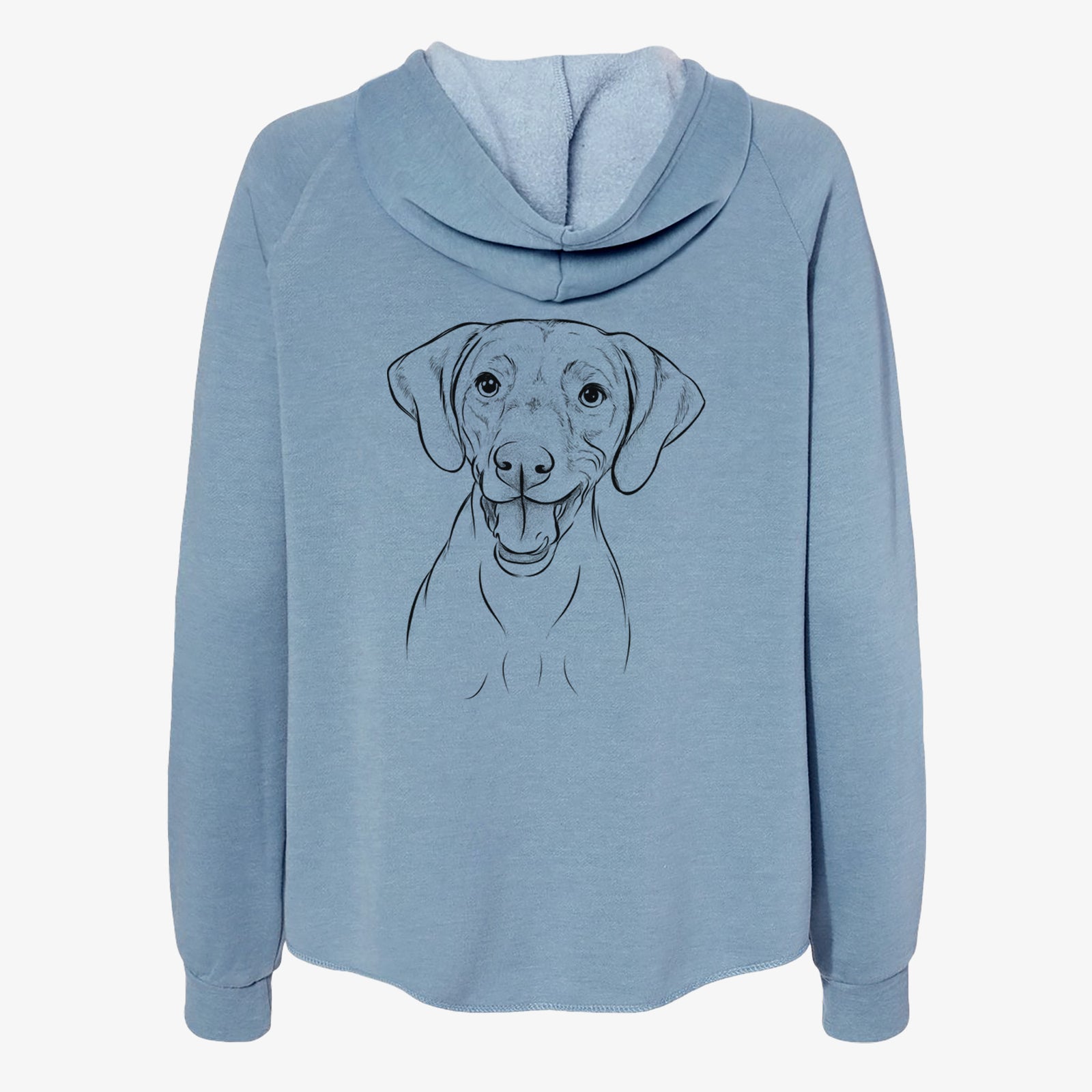 Hand-drawn sketch of Ruby the Vizsla on a Misty Blue Women's cali wave zip-up sweatshirt