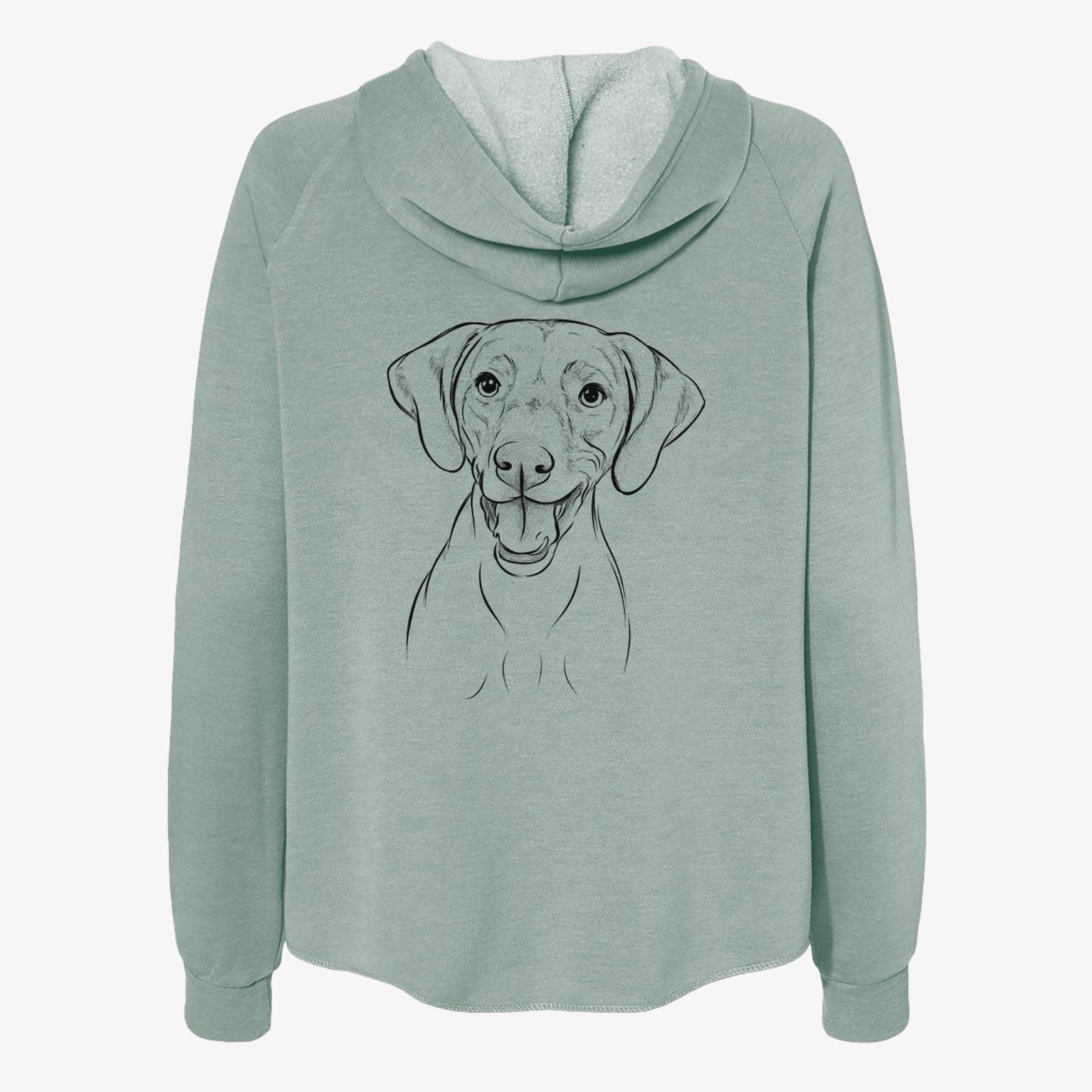 Hand-drawn sketch of Ruby the Vizsla on a Sage Women's cali wave zip-up sweatshirt