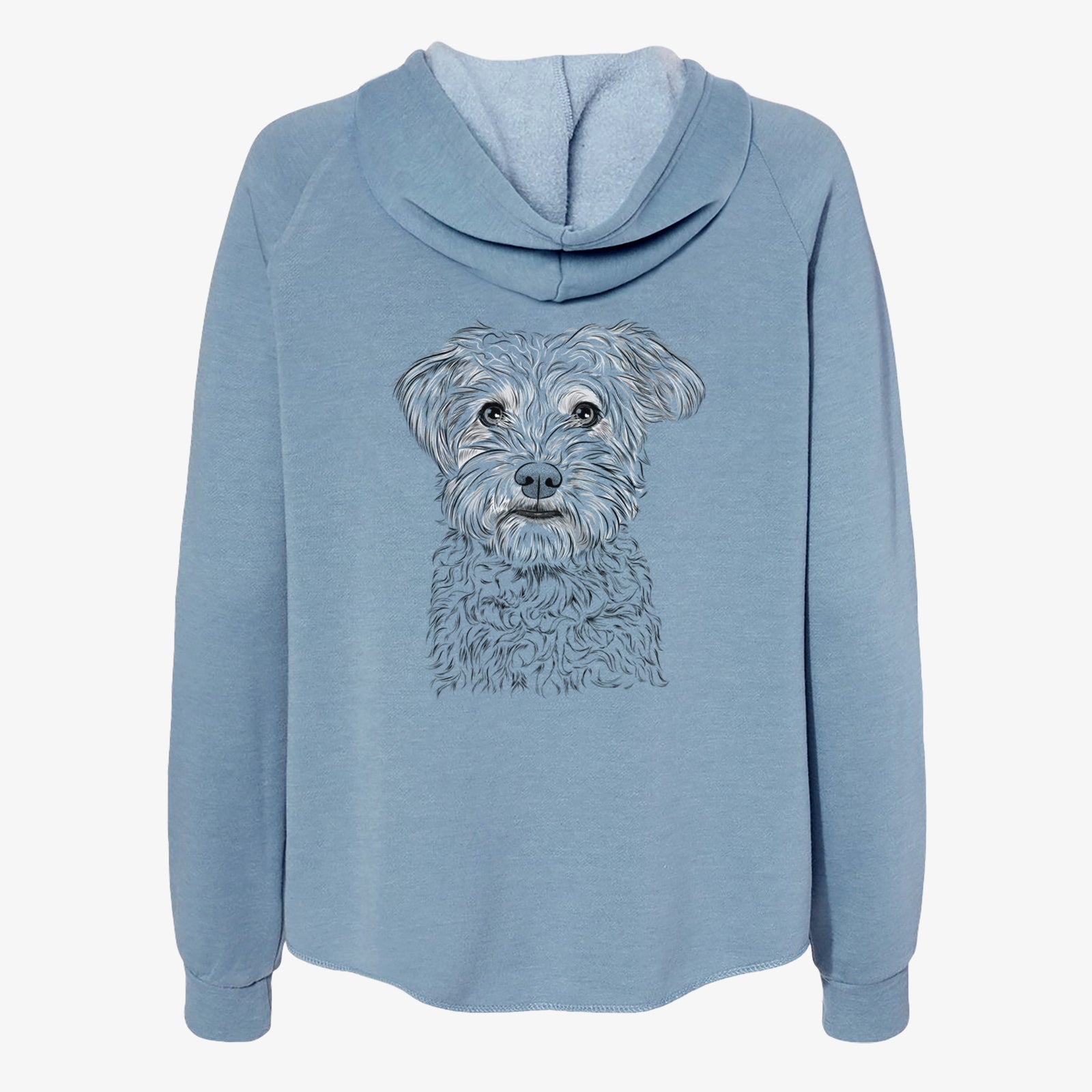 Hand-drawn sketch of Rudy the Schnoodle on a Misty Blue Women's cali wave zip-up sweatshirt