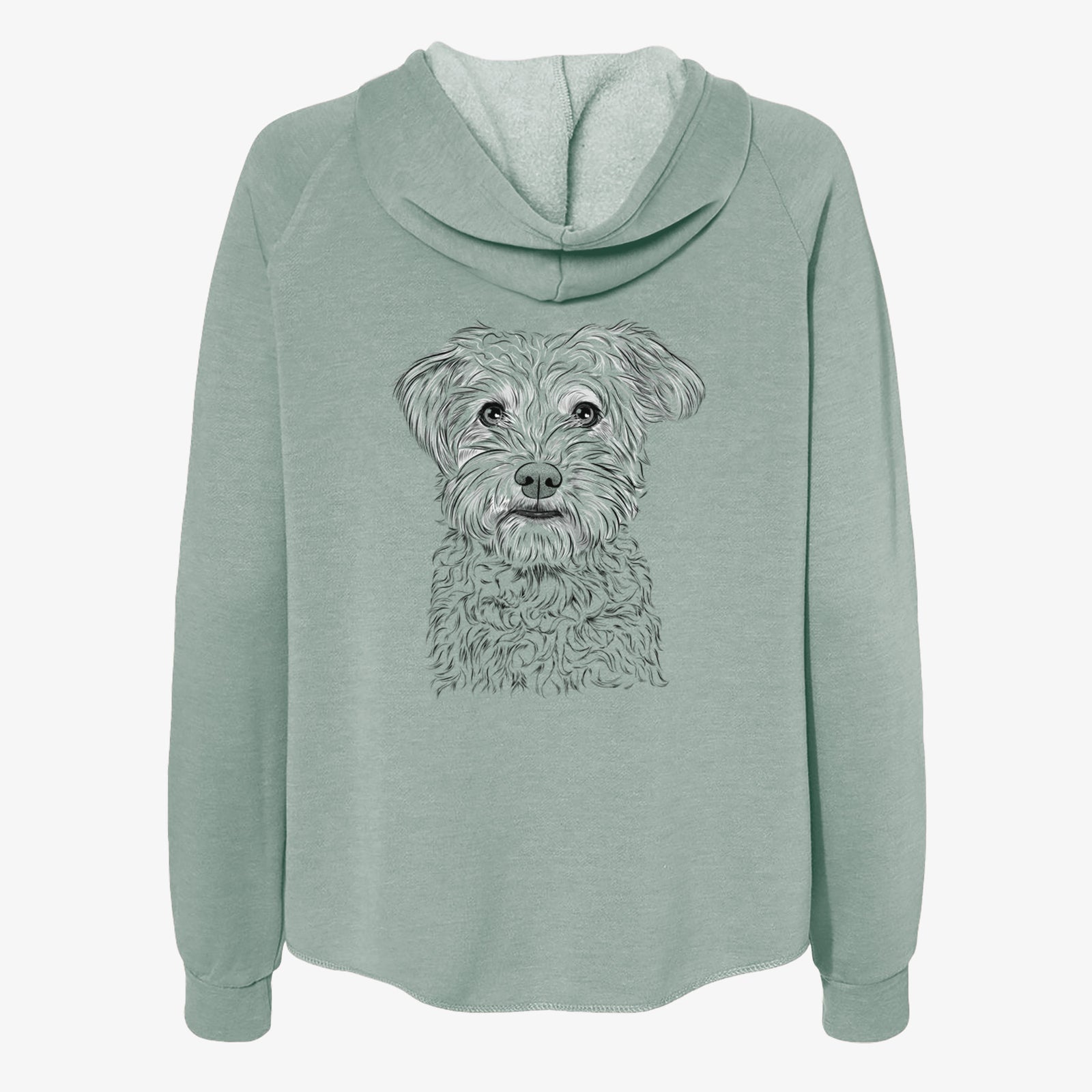Hand-drawn sketch of Rudy the Schnoodle on a Sage Women's cali wave zip-up sweatshirt
