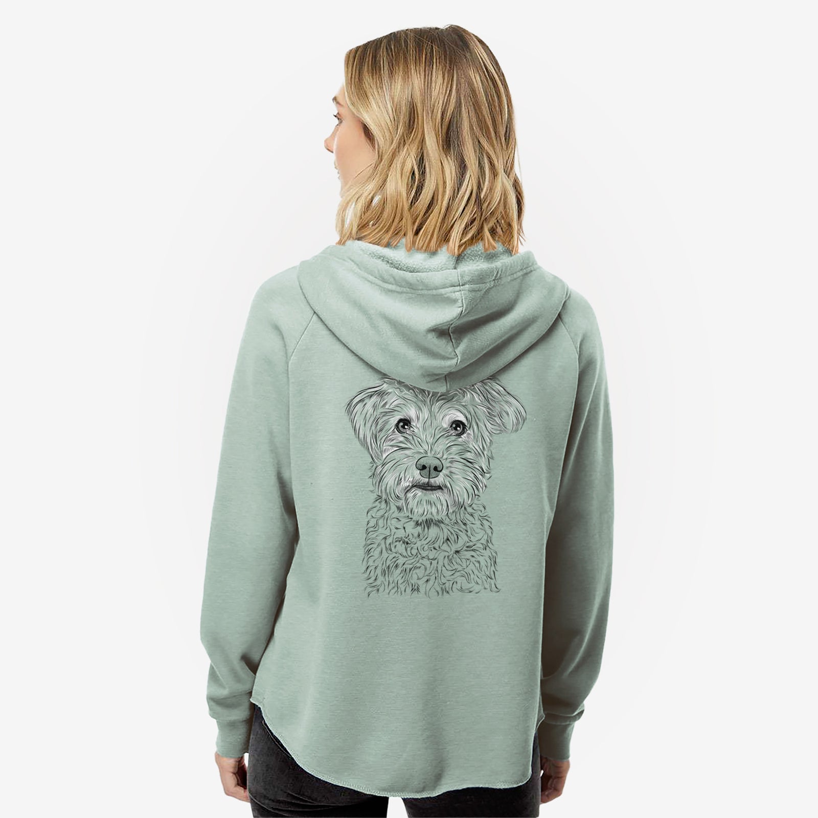 Hand-drawn sketch of Rudy the Schnoodle on a Sage Women's cali wave zip-up sweatshirt