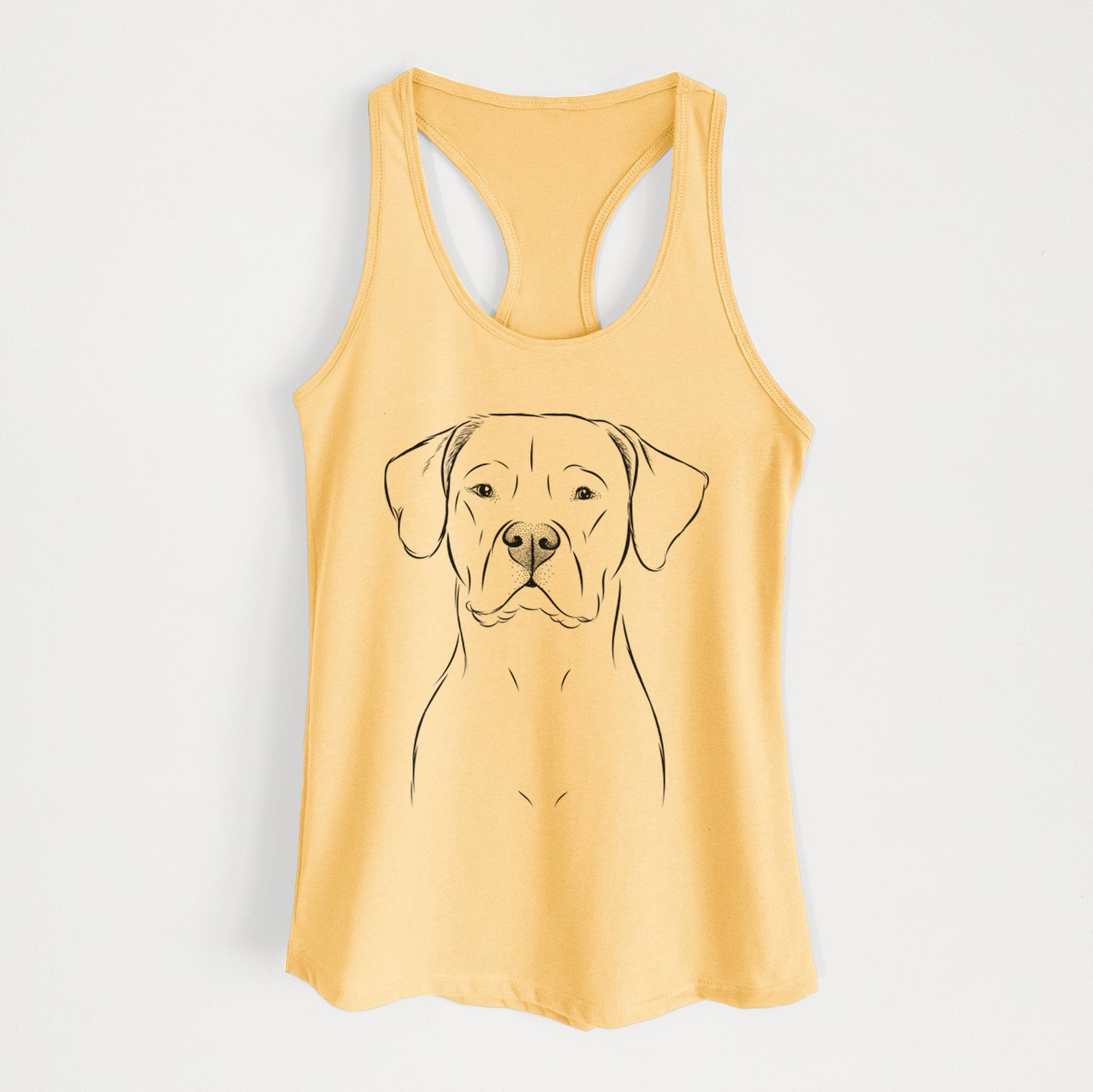 Hand-drawn sketch of Rufio the Dogo Argentino on a Banana Cream Women's racerback tanktop