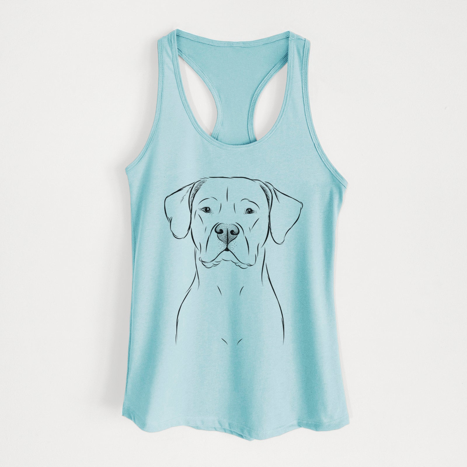 Hand-drawn sketch of Rufio the Dogo Argentino on a Cancun Blue Women's racerback tanktop