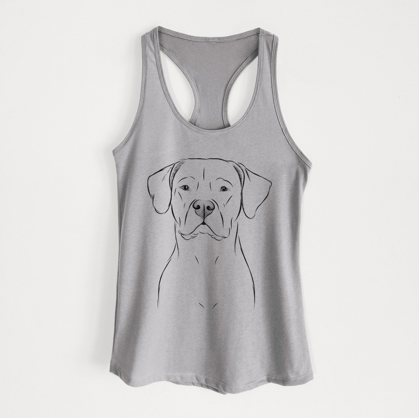 Hand-drawn sketch of Rufio the Dogo Argentino on a Heather Grey Women's racerback tanktop