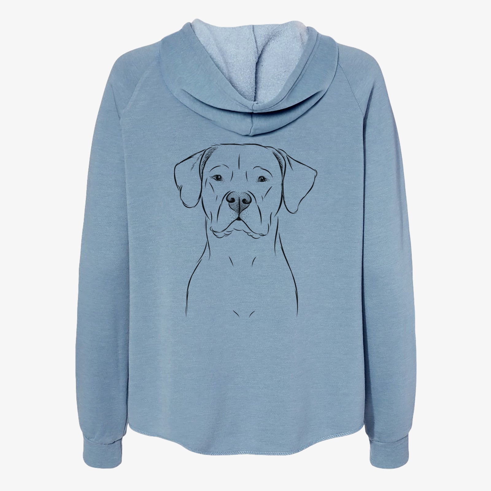 Hand-drawn sketch of Rufio the Dogo Argentino on a Misty Blue Women's cali wave zip-up sweatshirt