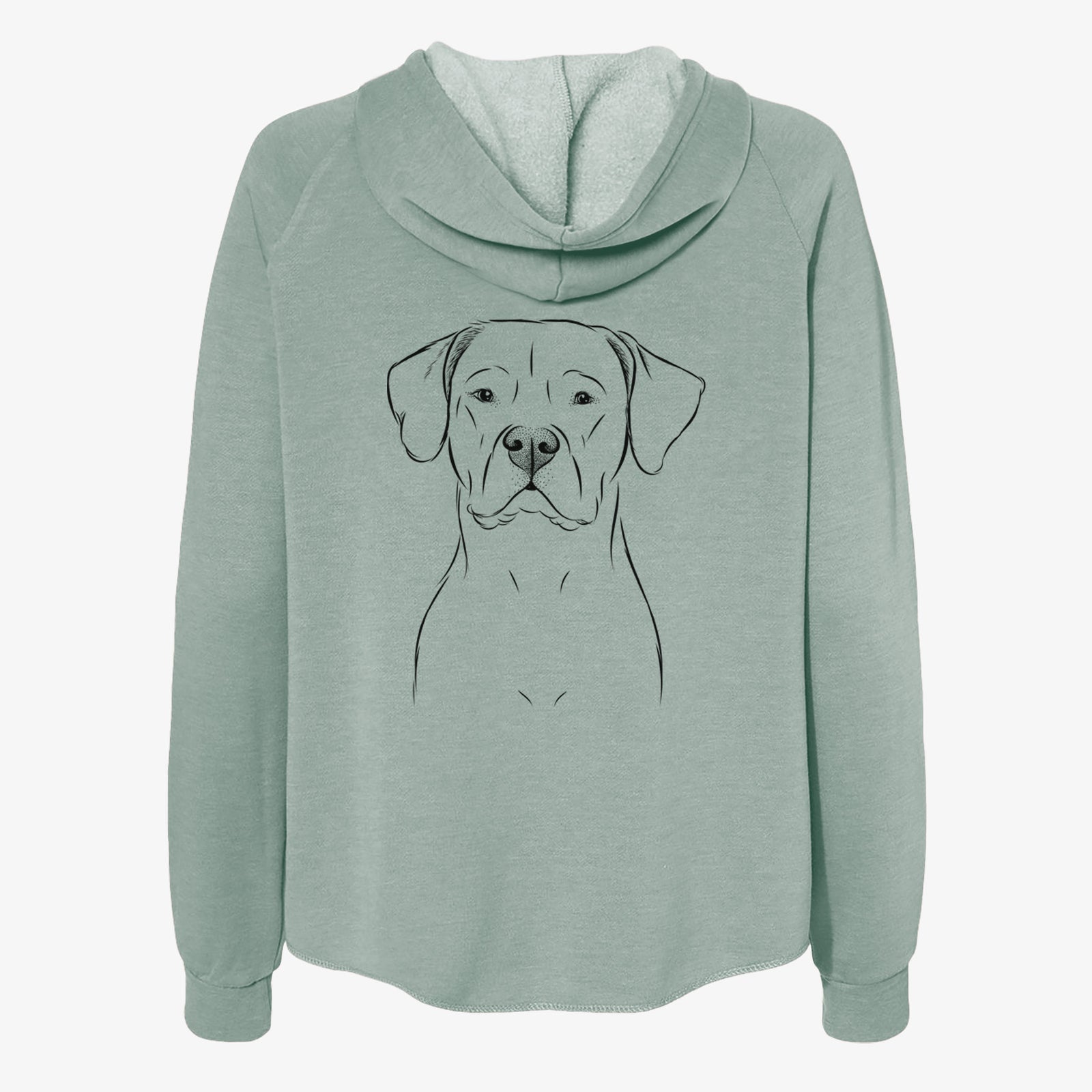 Hand-drawn sketch of Rufio the Dogo Argentino on a Sage Women's cali wave zip-up sweatshirt