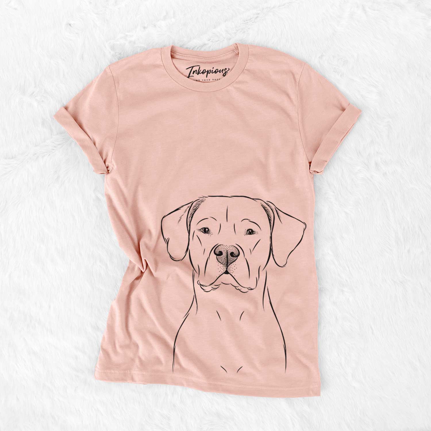 Hand-drawn sketch of Rufio the Dogo Argentino on a Peach Bella Canvas Unisex Crewneck