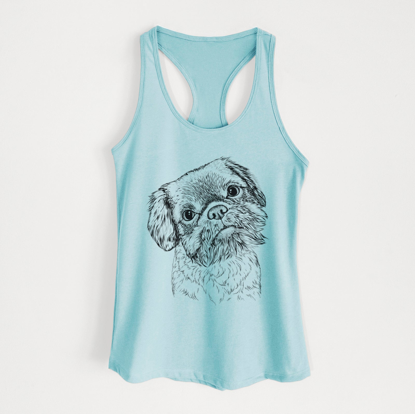 Hand-drawn sketch of Rufus the Shiffon on a Cancun Blue Women's racerback tanktop