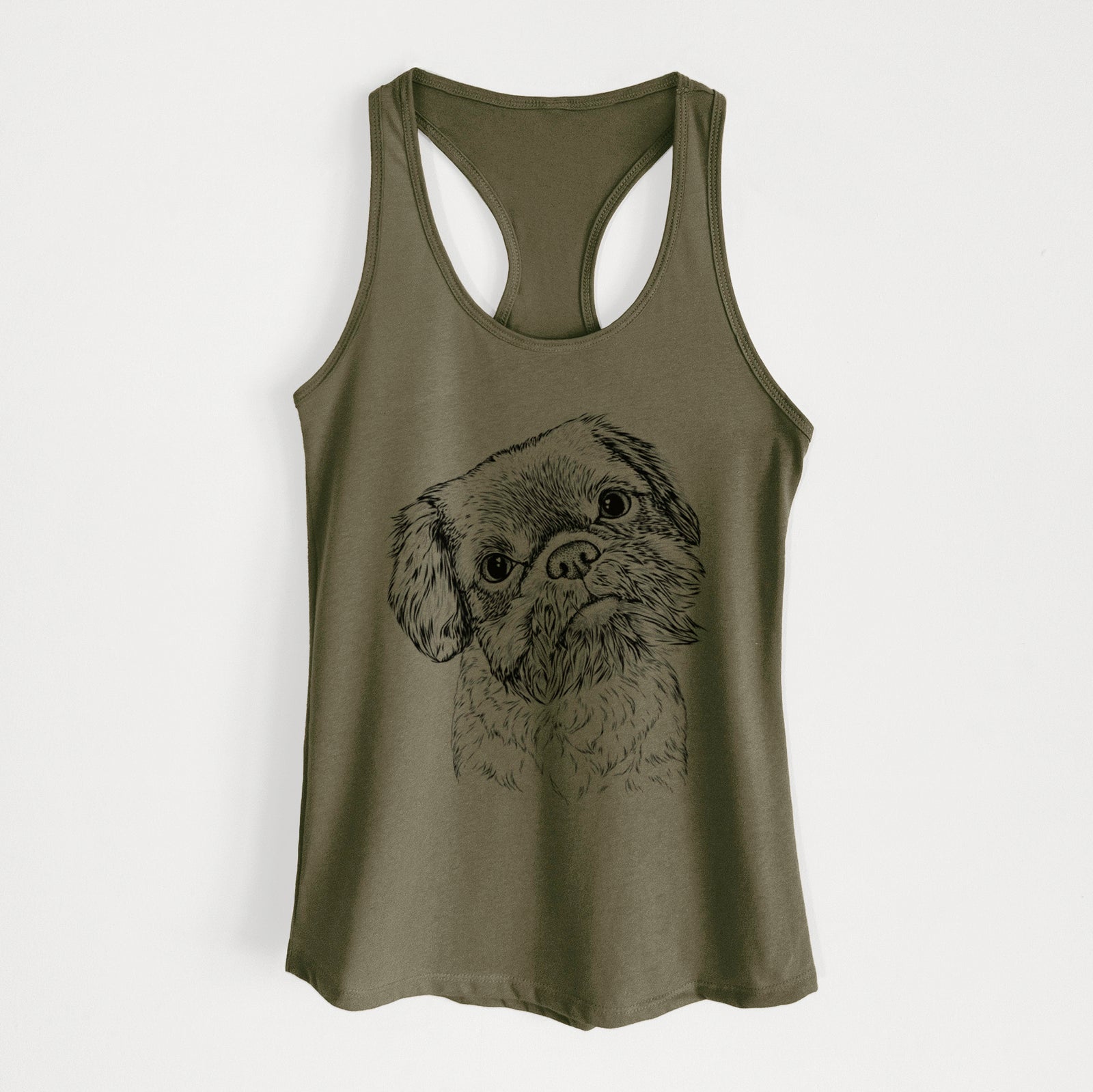 Hand-drawn sketch of Rufus the Shiffon on a Military Green Women's racerback tanktop