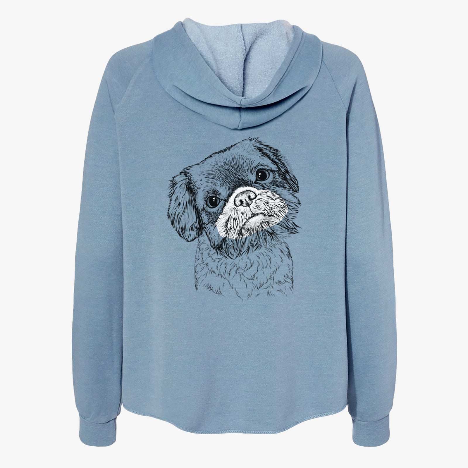 Hand-drawn sketch of Rufus the Shiffon on a Misty Blue Women's cali wave zip-up sweatshirt
