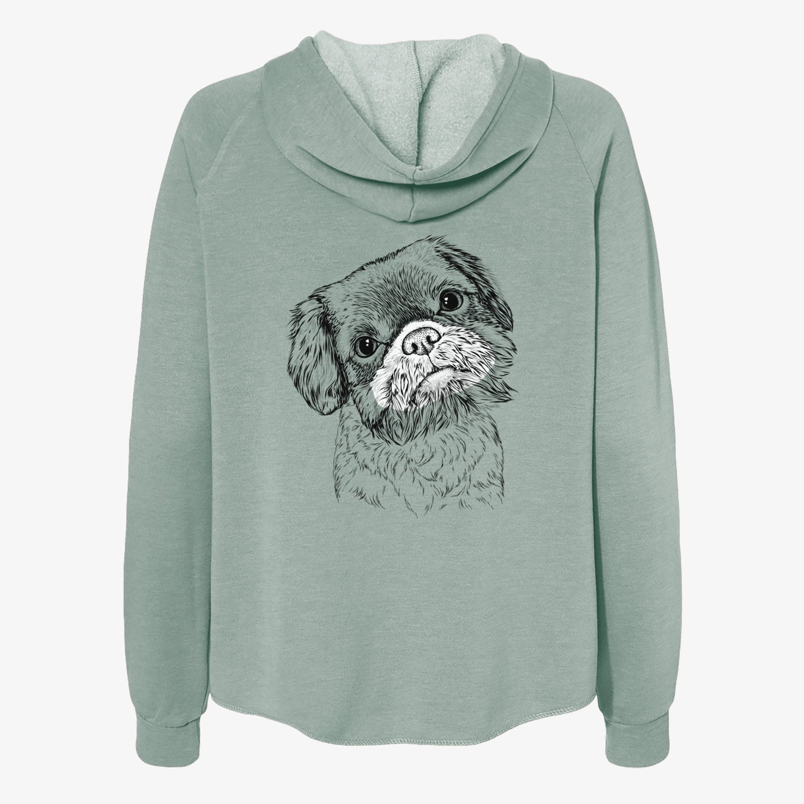 Hand-drawn sketch of Rufus the Shiffon on a Sage Women's cali wave zip-up sweatshirt