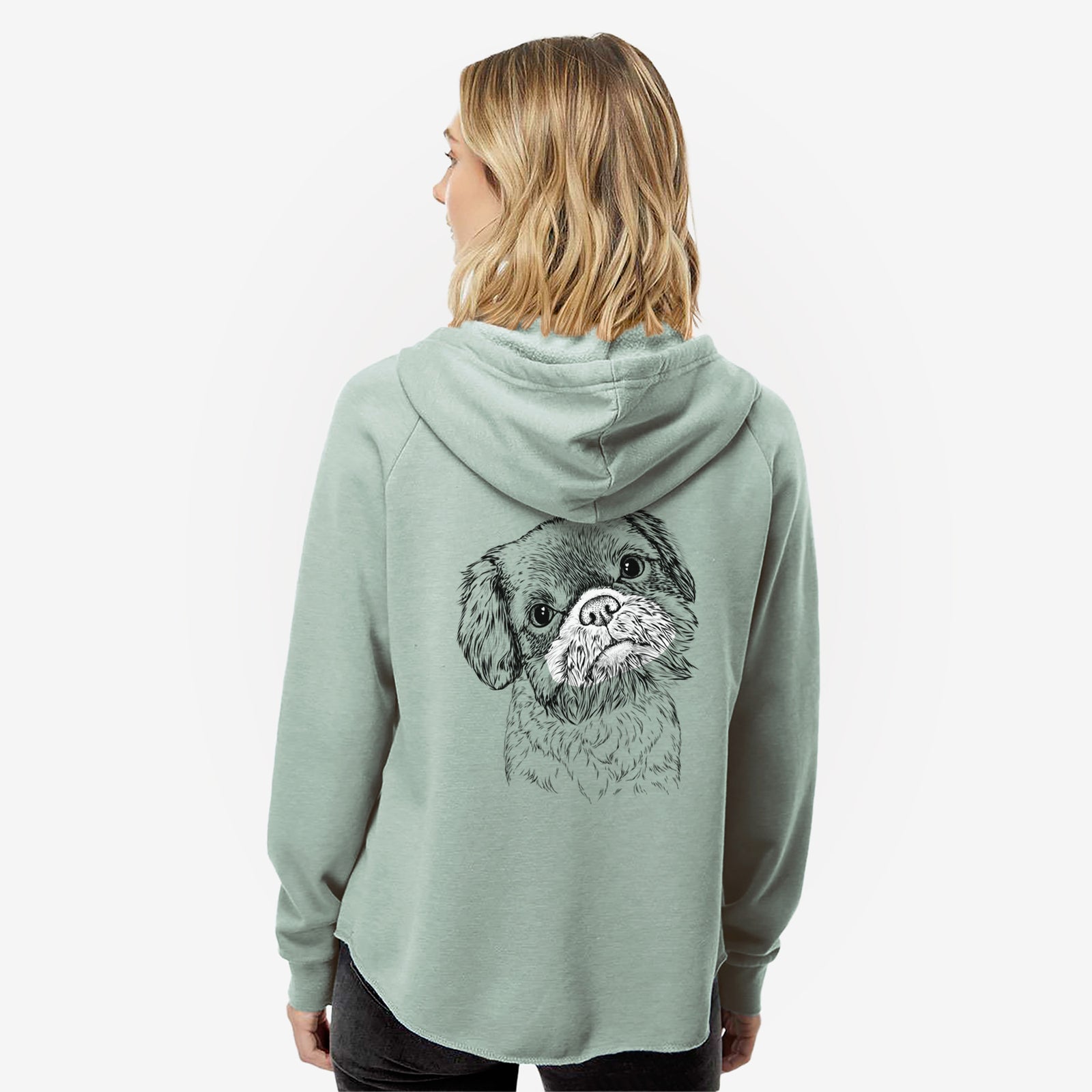 Hand-drawn sketch of Rufus the Shiffon on a Sage Women's cali wave zip-up sweatshirt