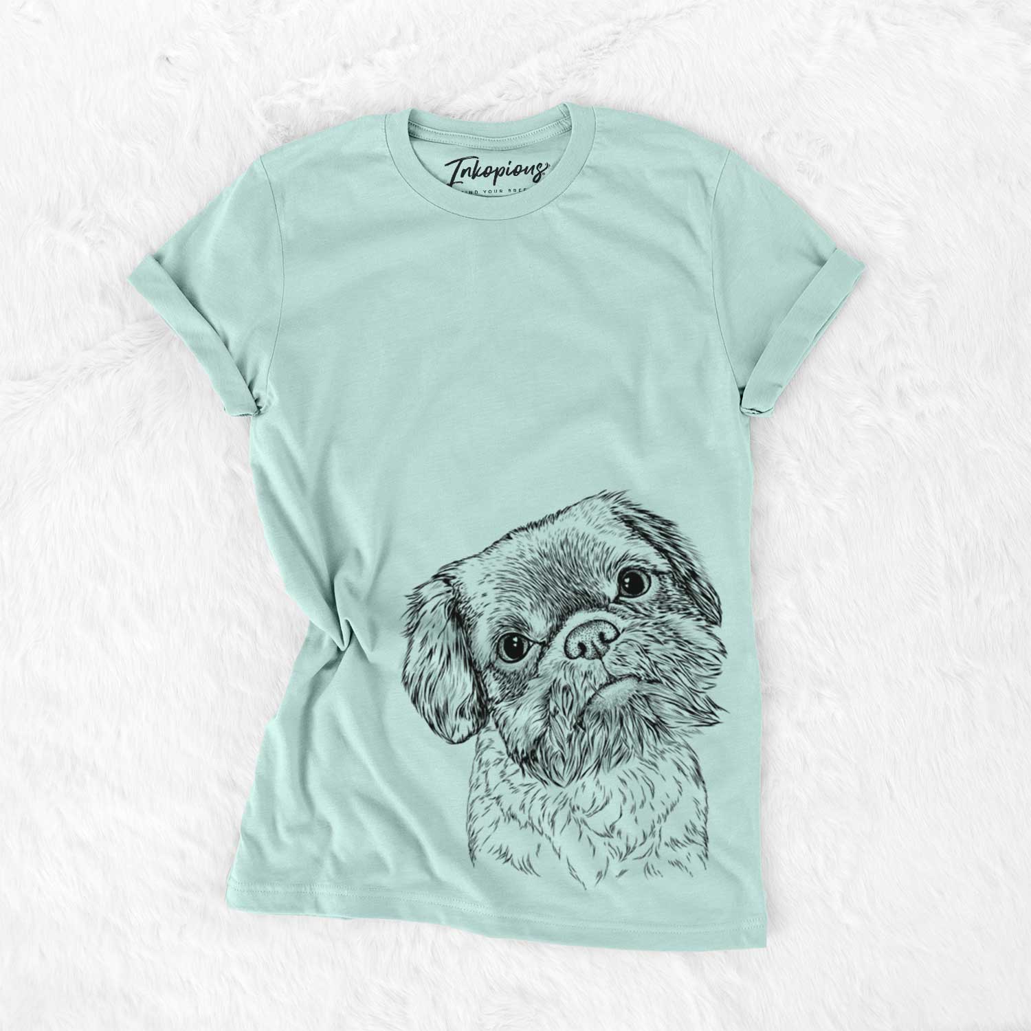 Hand-drawn sketch of Rufus the Shiffon on a Heather Sage Unisex crewneck