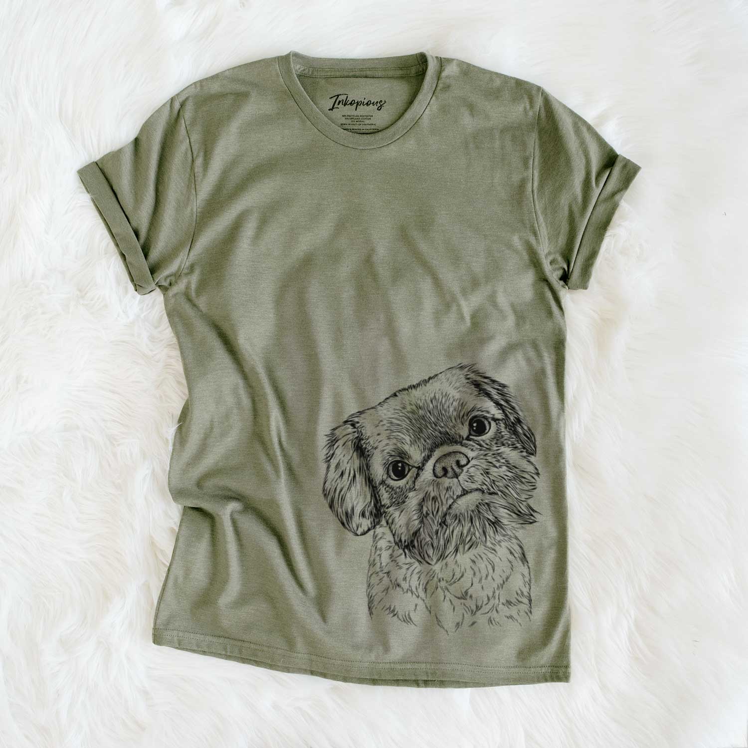 Hand-drawn sketch of Rufus the Shiffon on an Olive Unisex crewneck