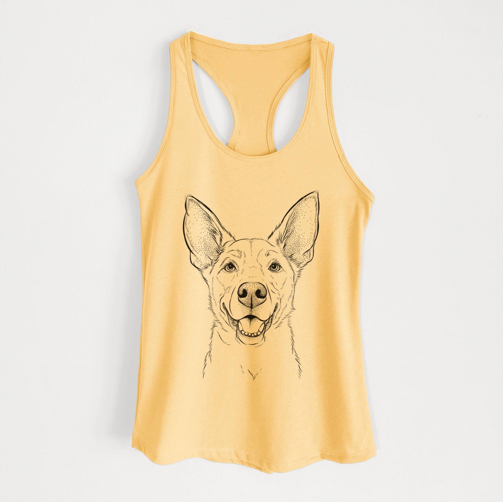 Hand-drawn sketch of Rumley the Kelpie Mix on a Banana Cream Women's racerback tanktop