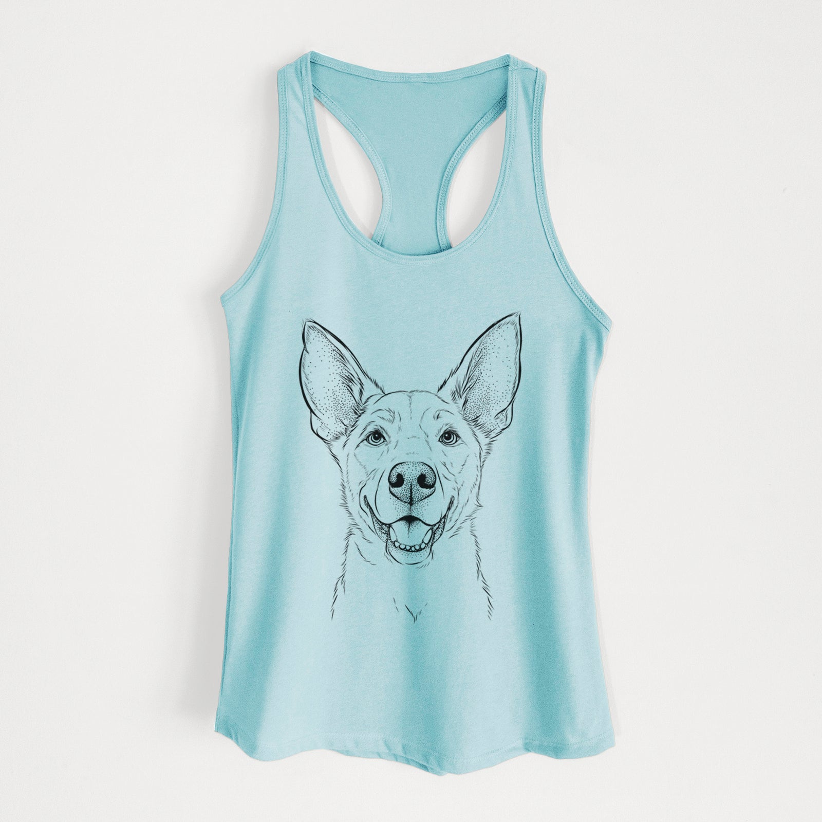 Hand-drawn sketch of Rumley the Kelpie Mix on a Cancun Blue Women's racerback tanktop