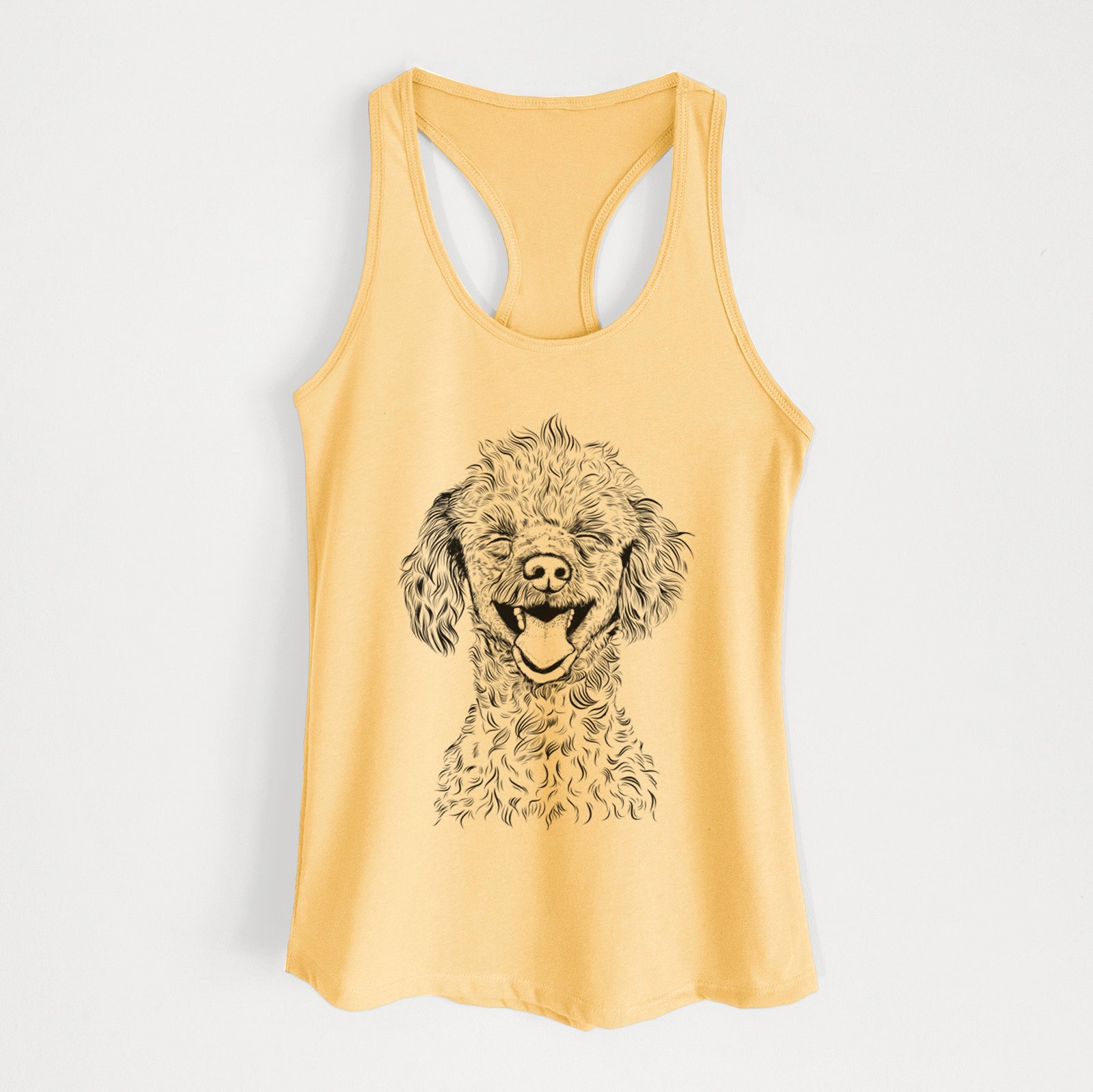 Hand-drawn sketch of Rusty the Toy Poodle on a Banana Cream Women's racerback tanktop