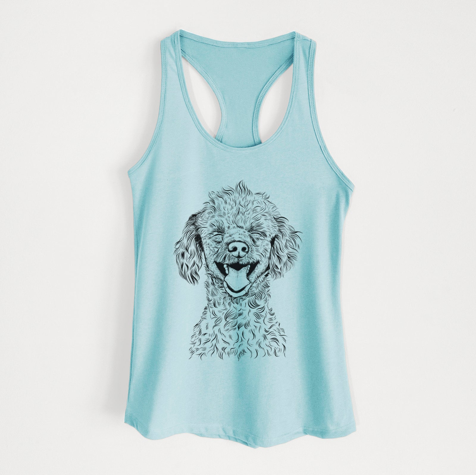 Hand-drawn sketch of Rusty the Toy Poodle on a Cancun Blue Women's racerback tanktop
