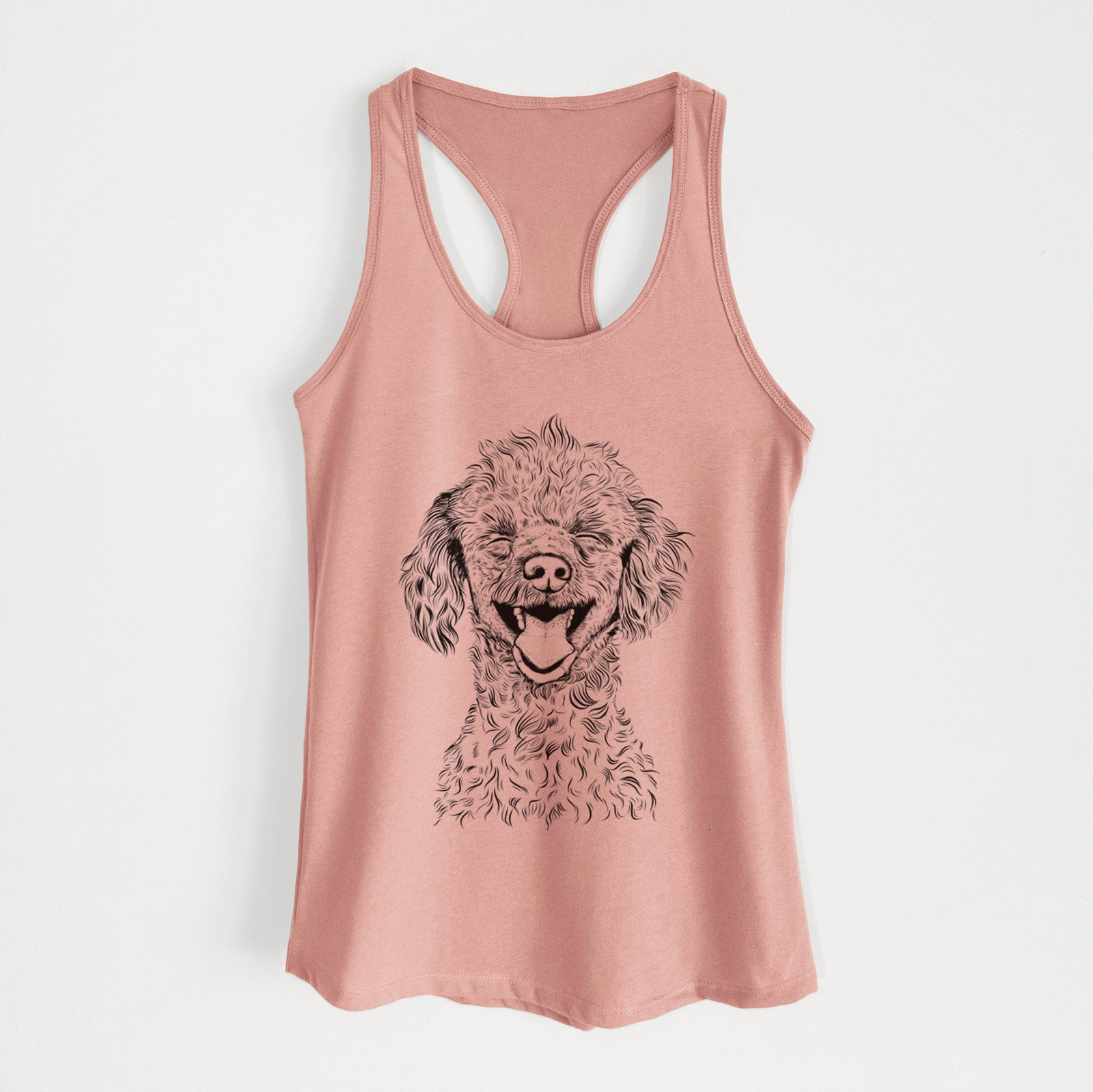Hand-drawn sketch of Rusty the Toy Poodle on a Desert Pink Women's racerback tanktop