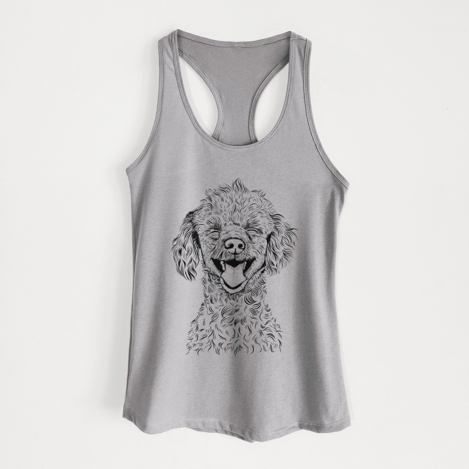 Hand-drawn sketch of Rusty the Toy Poodle on a Heather Grey Women's racerback tanktop