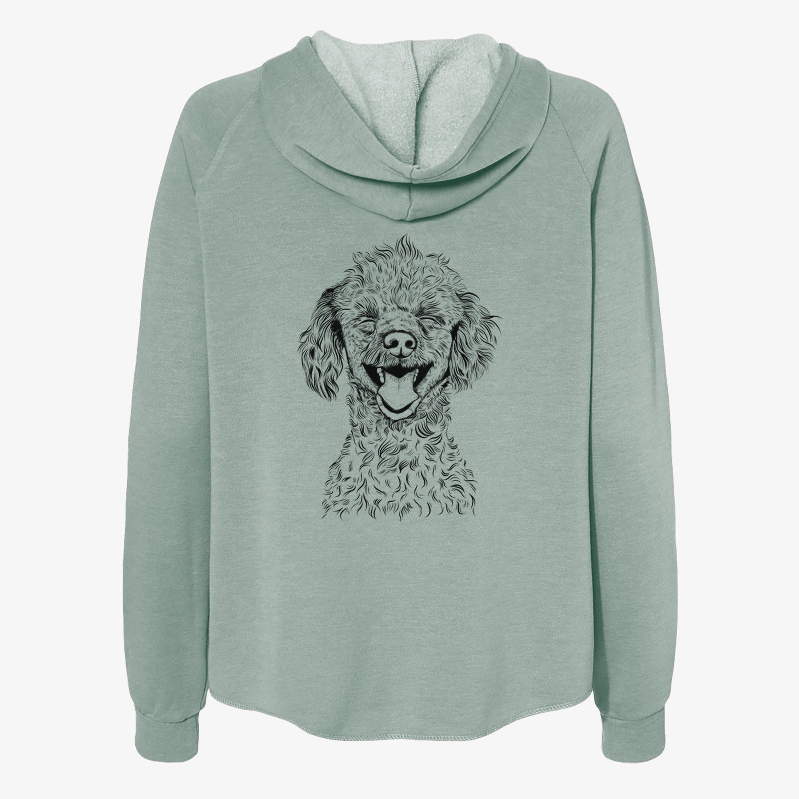 Hand-drawn sketch of Rusty the Toy Poodle on a Sage Women's cali wave zip-up sweatshirt