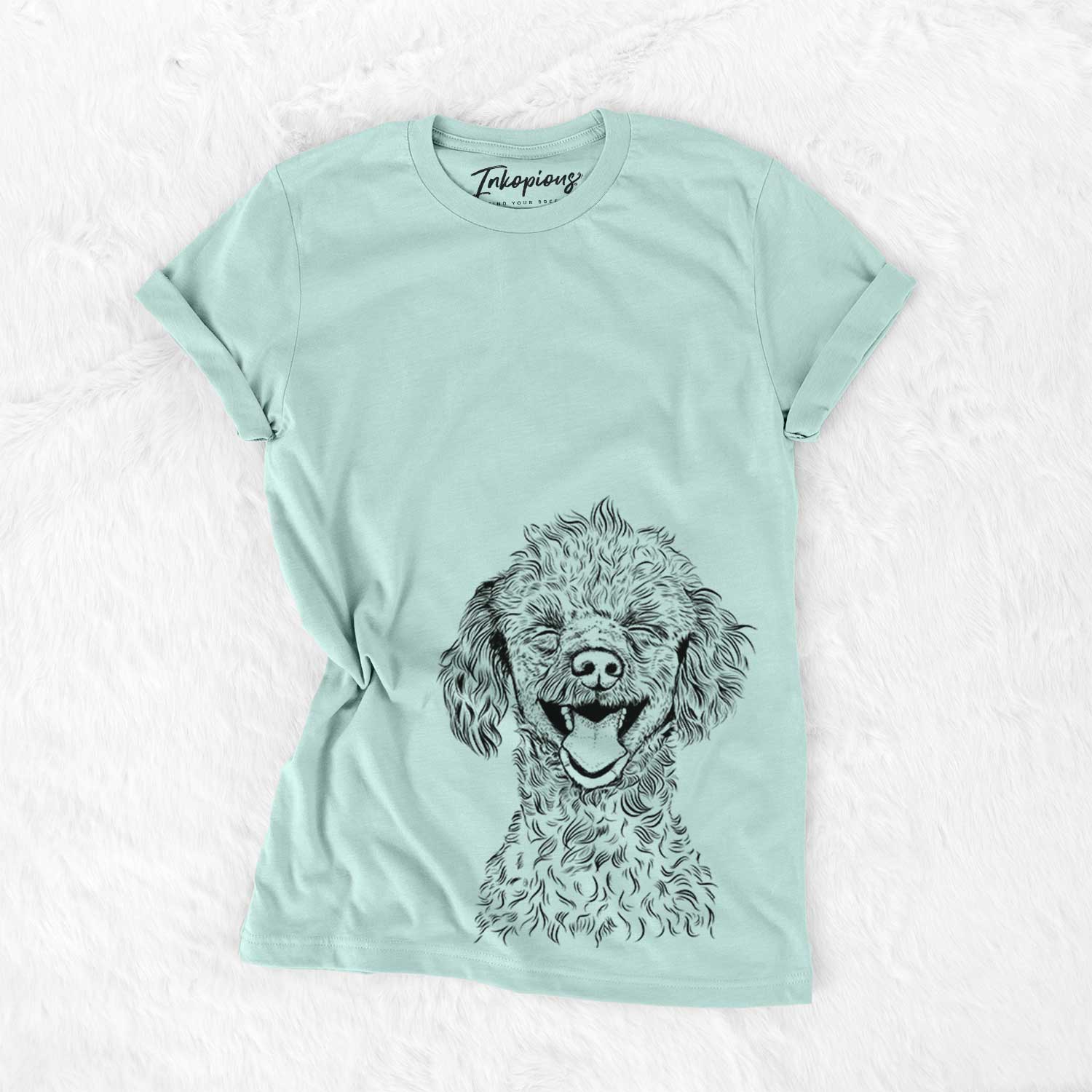 Hand-drawn sketch of Rusty the Toy Poodle on a Heather Sage Bella Canvas Unisex Crewneck