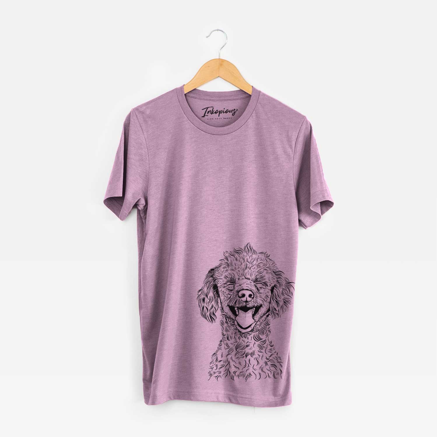 Hand-drawn sketch of Rusty the Toy Poodle on an Orchid Bella Canvas Unisex Crewneck