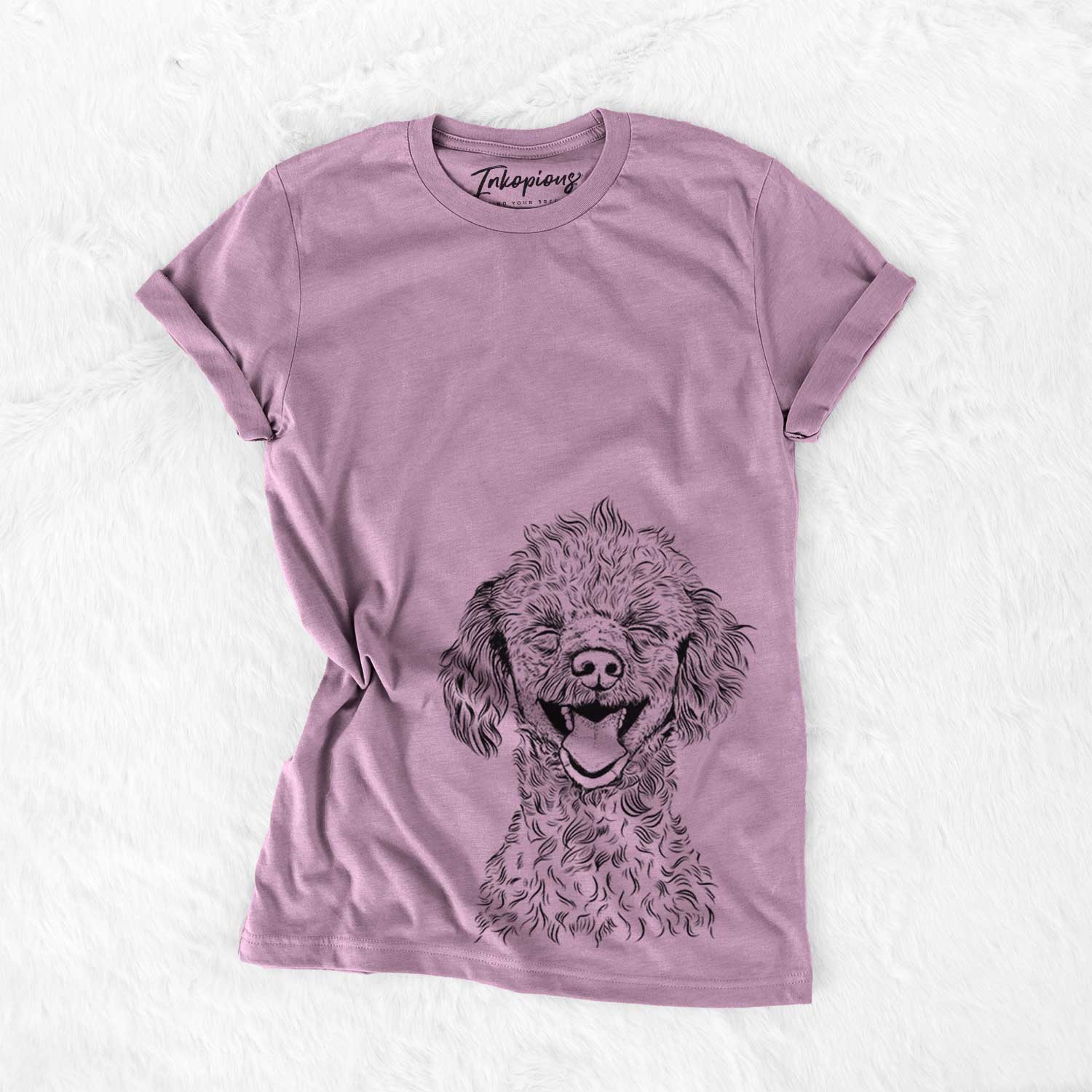 Hand-drawn sketch of Rusty the Toy Poodle on an Orchid Bella Canvas Unisex Crewneck