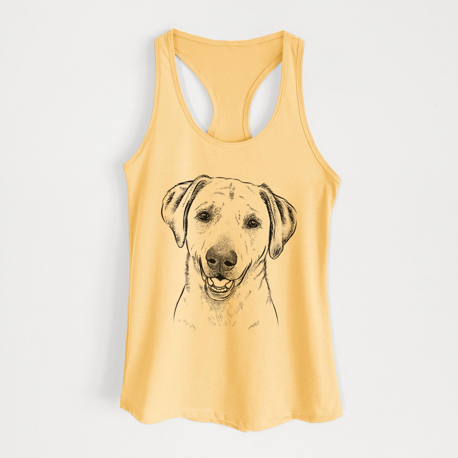 Hand-drawn sketch of Rusty the Labrador Retriever on a Banana Cream Women's racerback tanktop