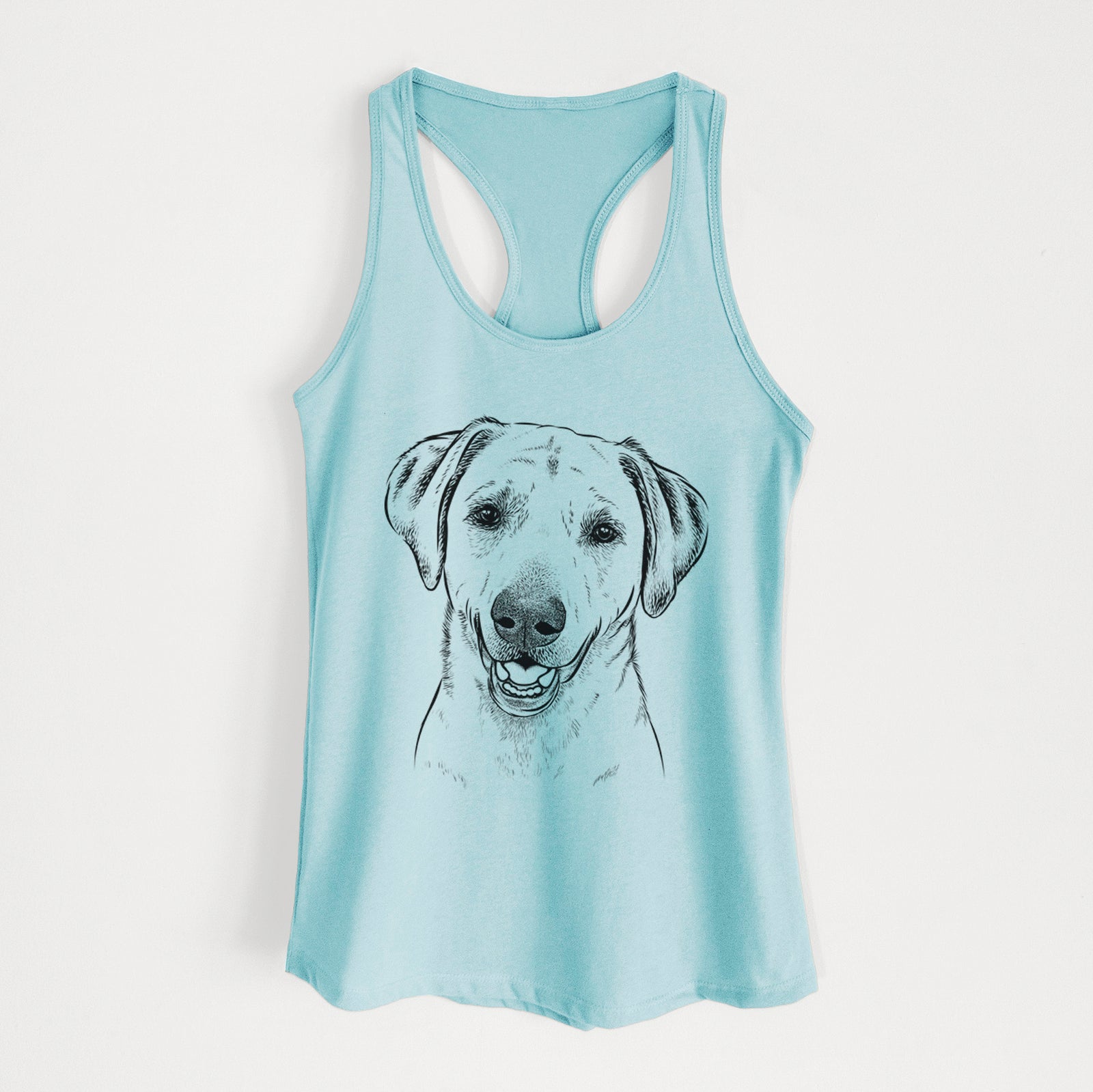 Hand-drawn sketch of Rusty the Labrador Retriever on a Cancun Blue Women's racerback tanktop