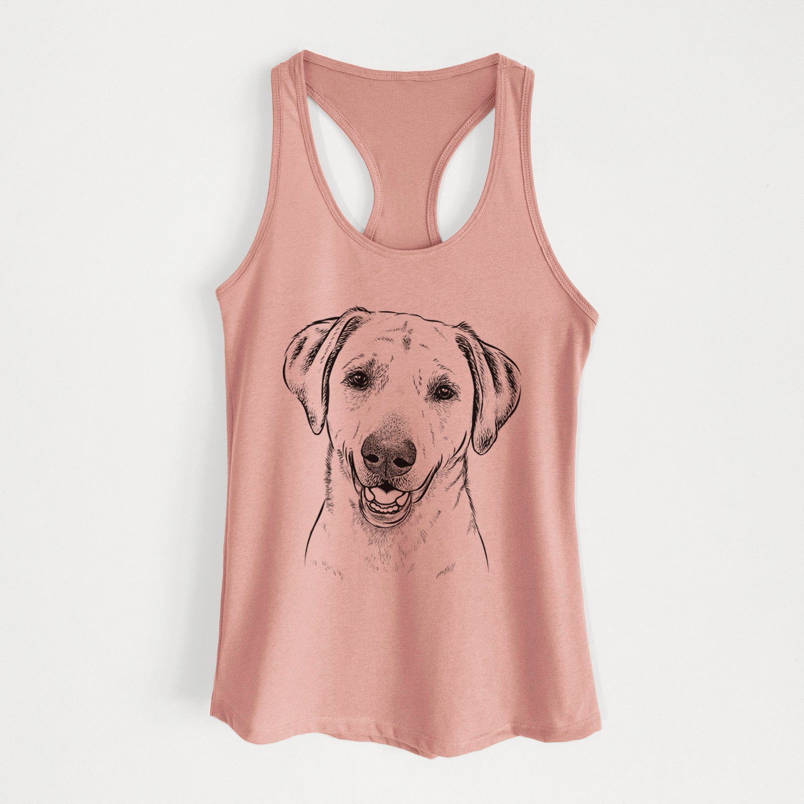 Hand-drawn sketch of Rusty the Labrador Retriever on a Desert Pink Women's racerback tanktop