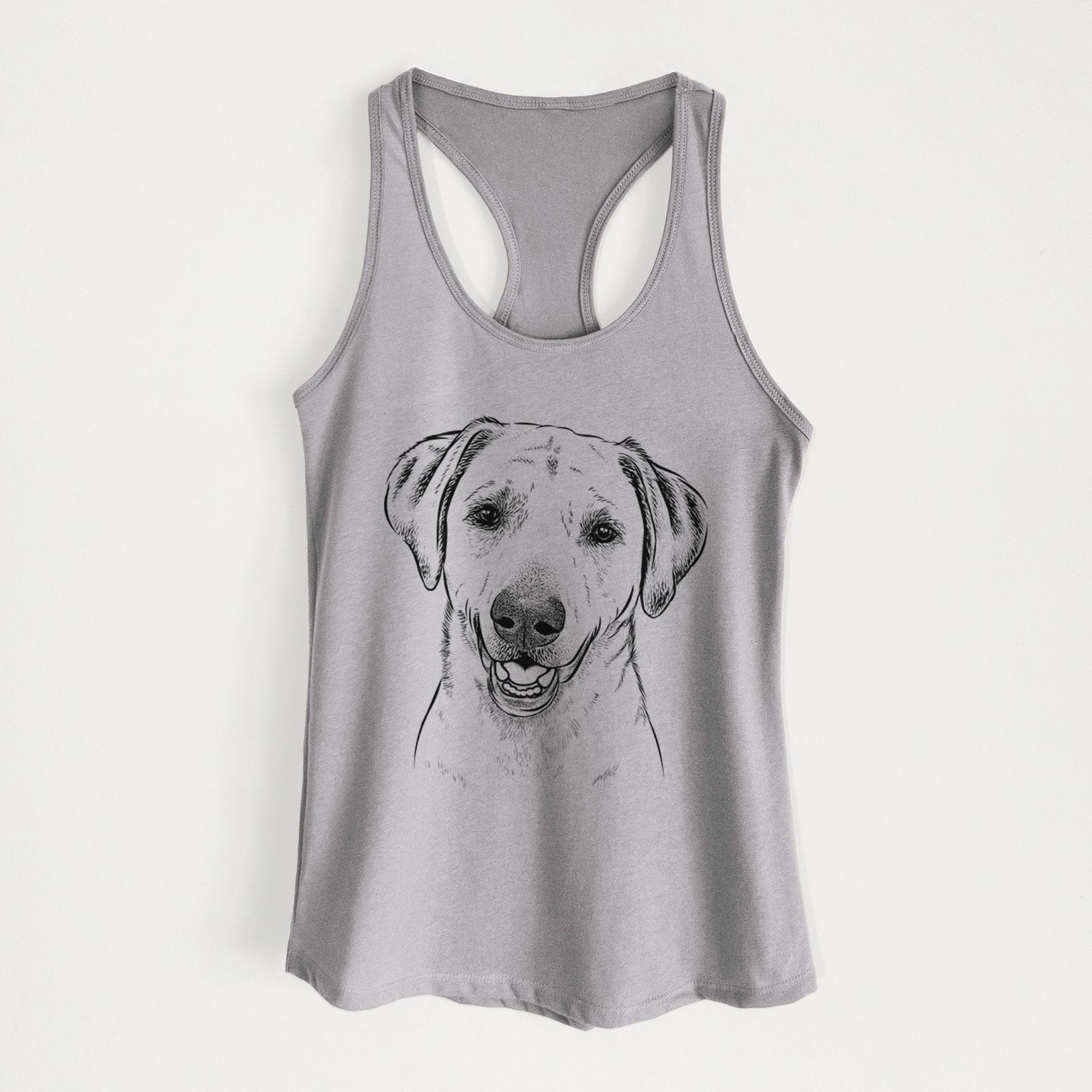 Hand-drawn sketch of Rusty the Labrador Retriever on a Heather Grey Women's racerback tanktop