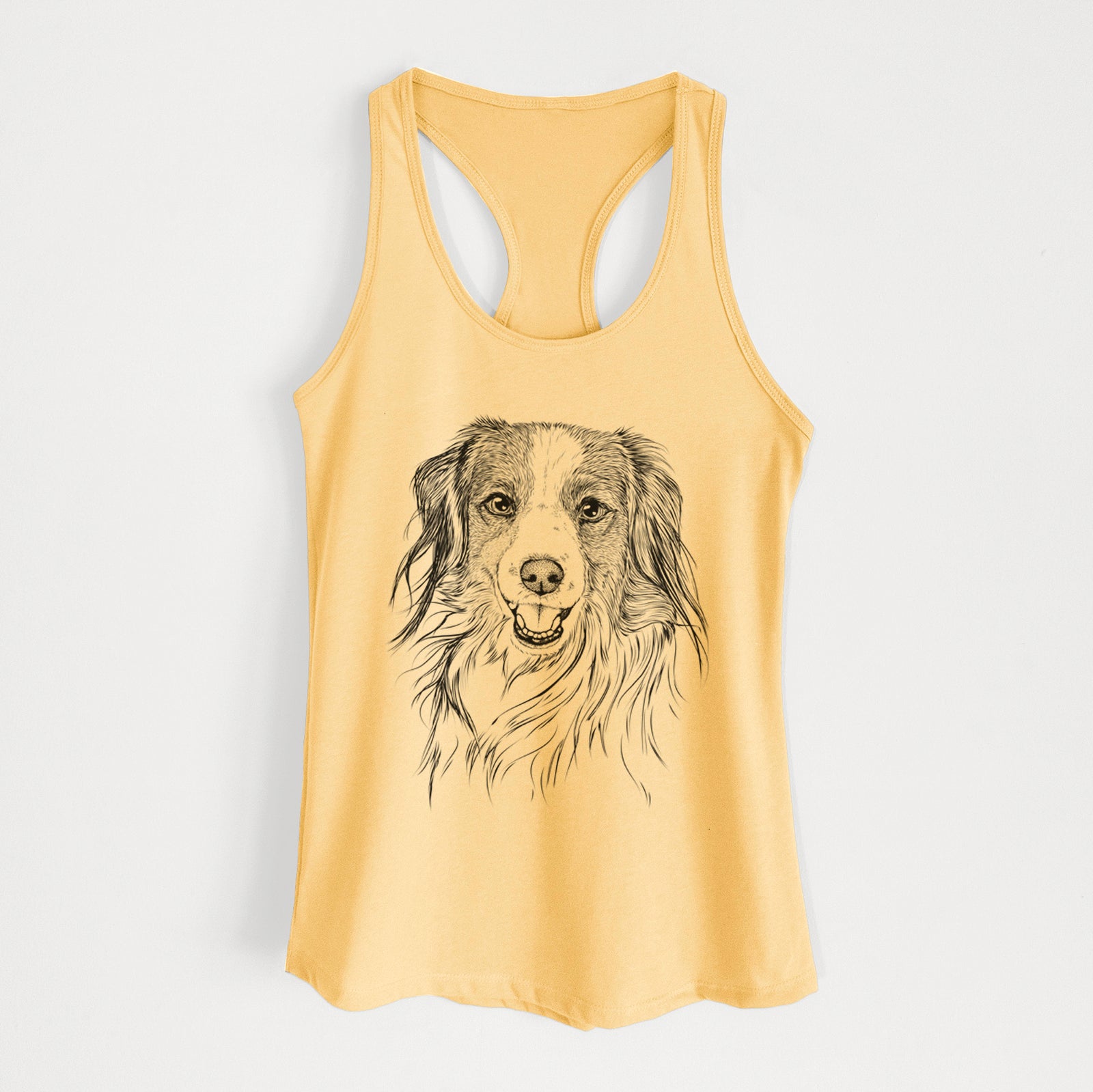 Hand-drawn sketch of Rutger the Nederlandse Kooikerhondje on a Banana Cream Women's racerback tanktop