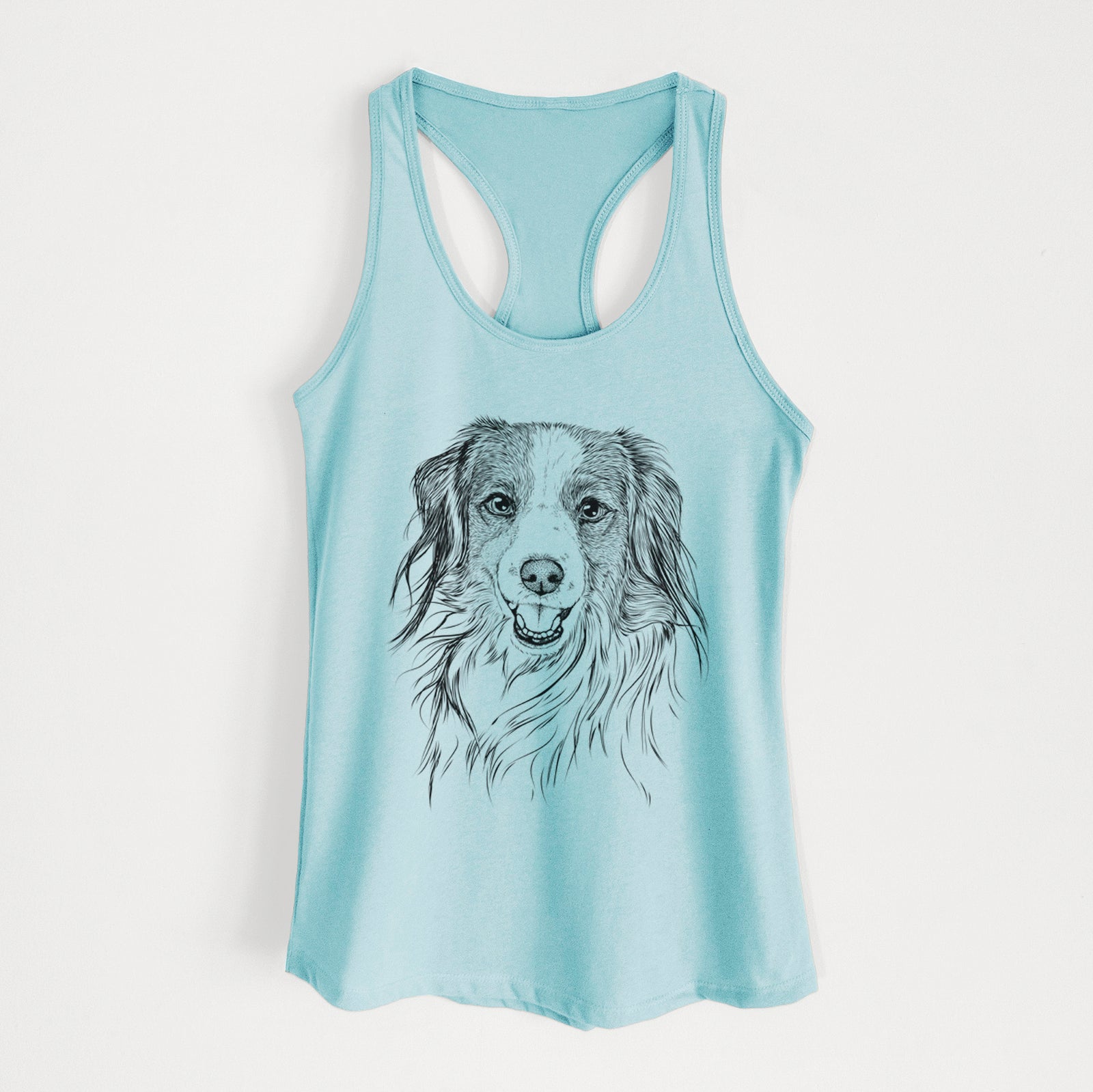 Hand-drawn sketch of Rutger the Nederlandse Kooikerhondje on a Cancun Blue Women's racerback tanktop
