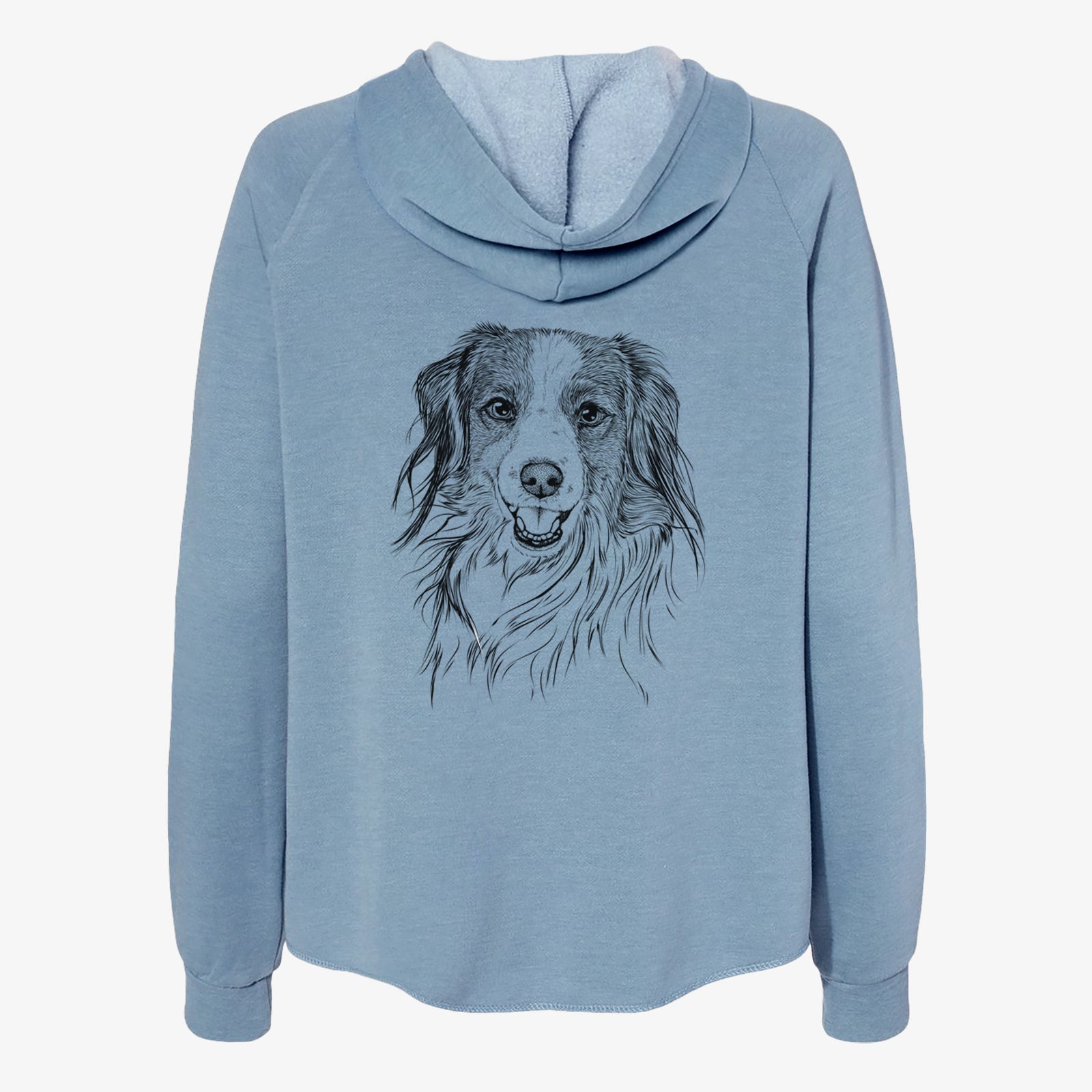 Hand-drawn sketch of Rutger the Nederlandse Kooikerhondje on a Misty Blue Women's cali wave zip-up sweatshirt
