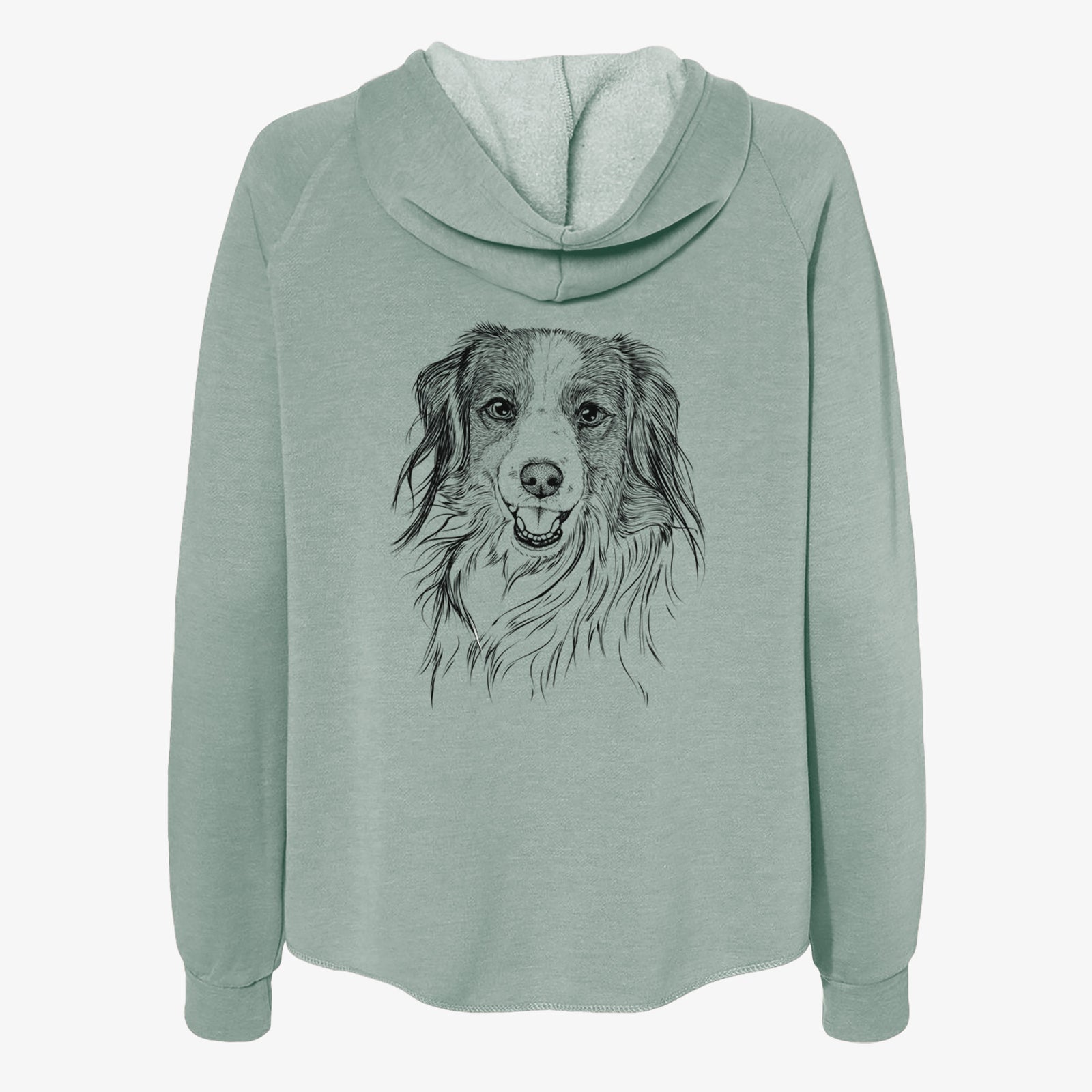 Hand-drawn sketch of Rutger the Nederlandse Kooikerhondje on a Sage Women's cali wave zip-up sweatshirt